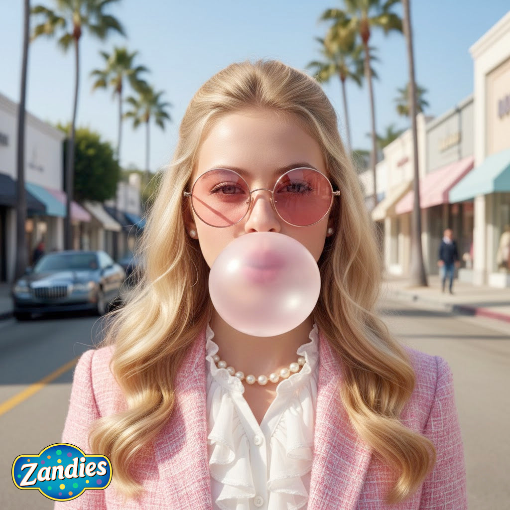 Girl with bubble gum blowing a bubble, in a cute pink suit. Zandies logo in the corner