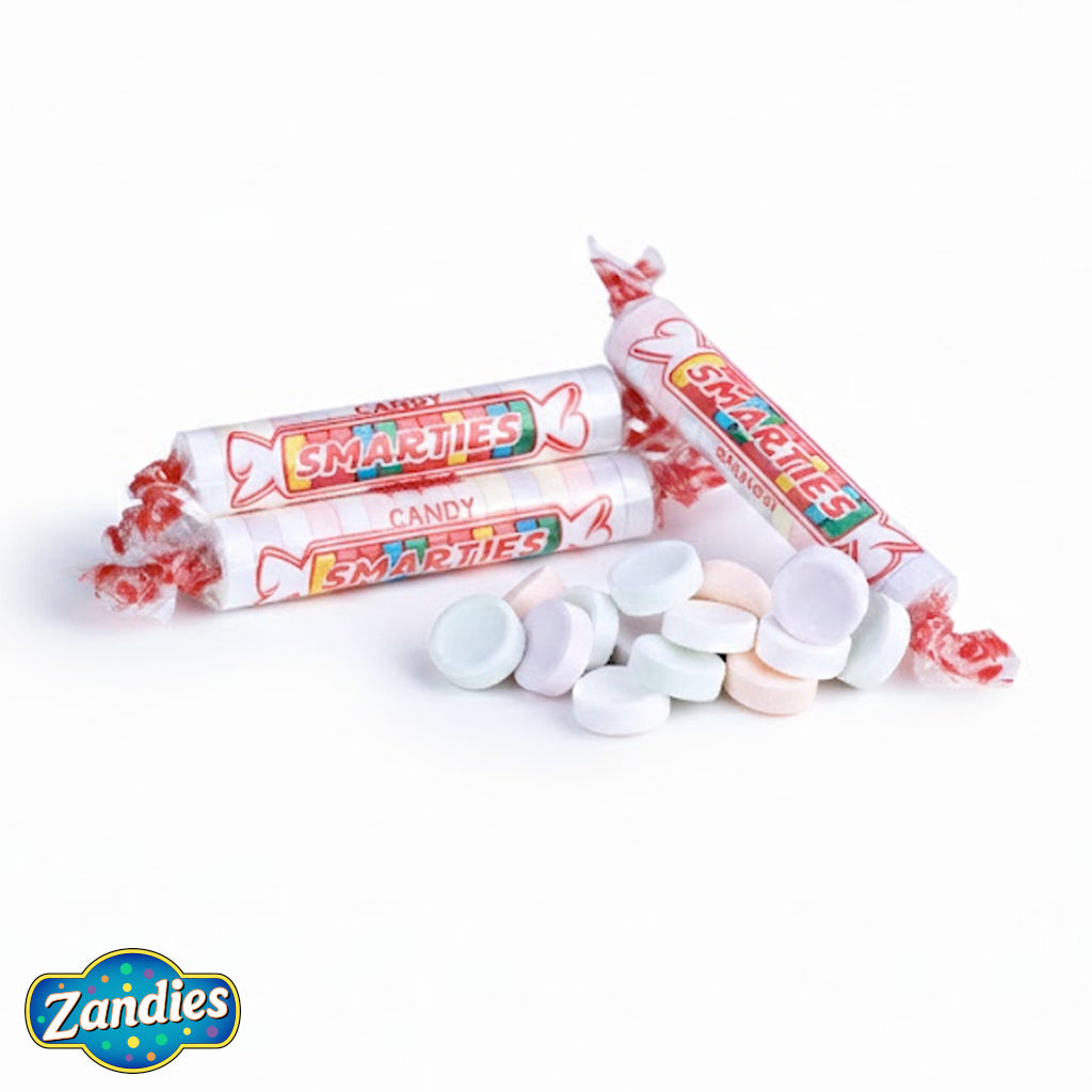 Smarties Candy displayed in the packaging and unpackaged on display. Zandies logo in the corner.