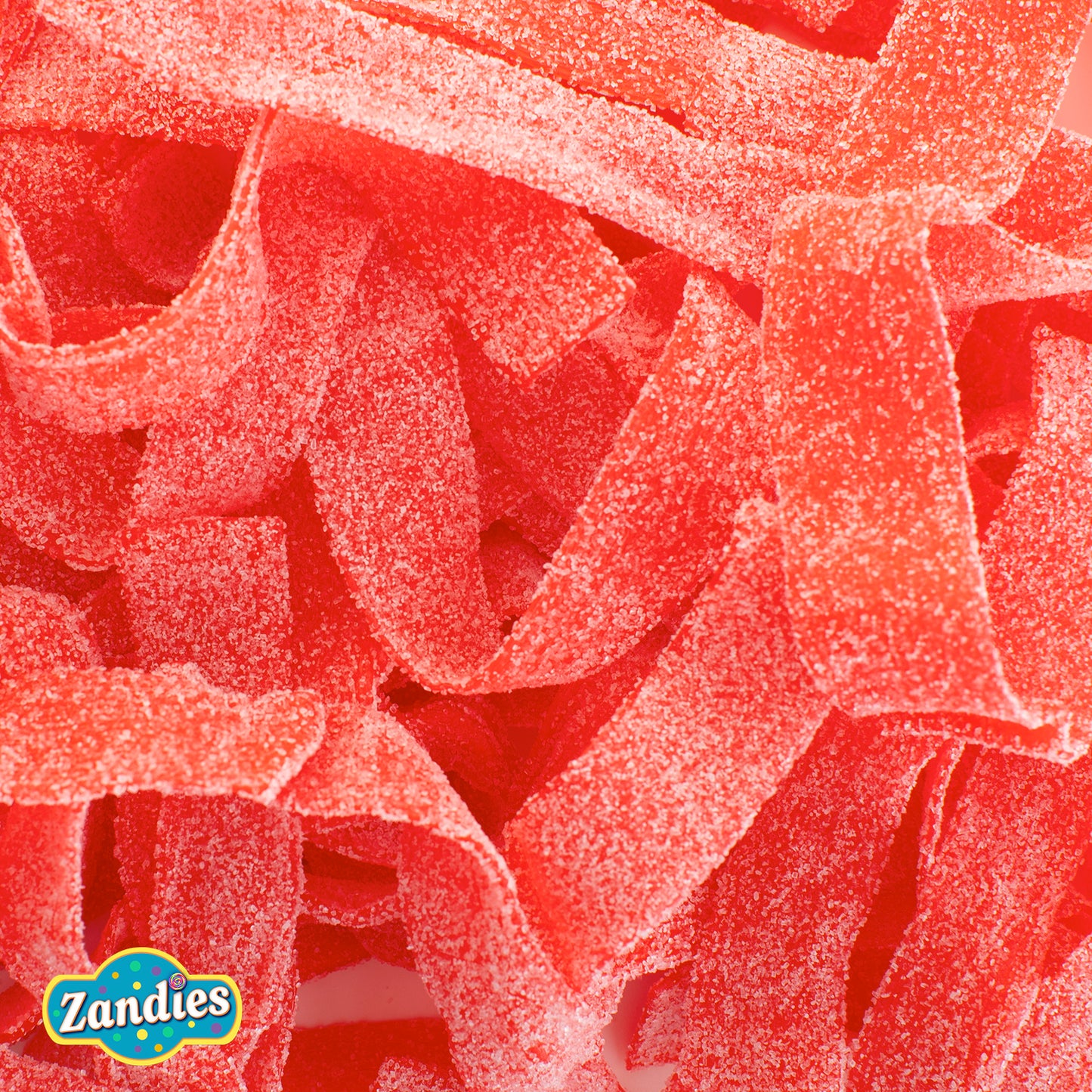 Close-up red sour belts candy fresh from Zandies.com