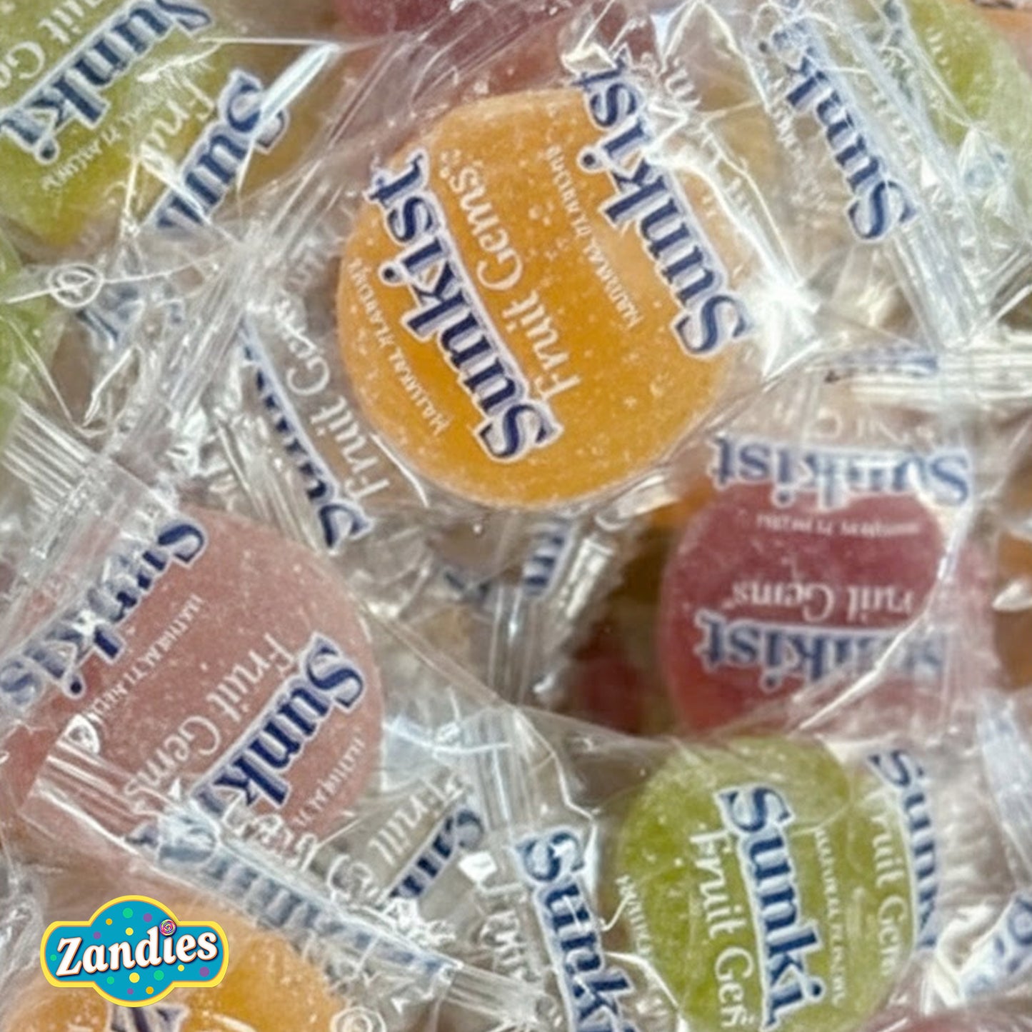 Close-up of Zandies Sunktist fruit gels in clear packaging.