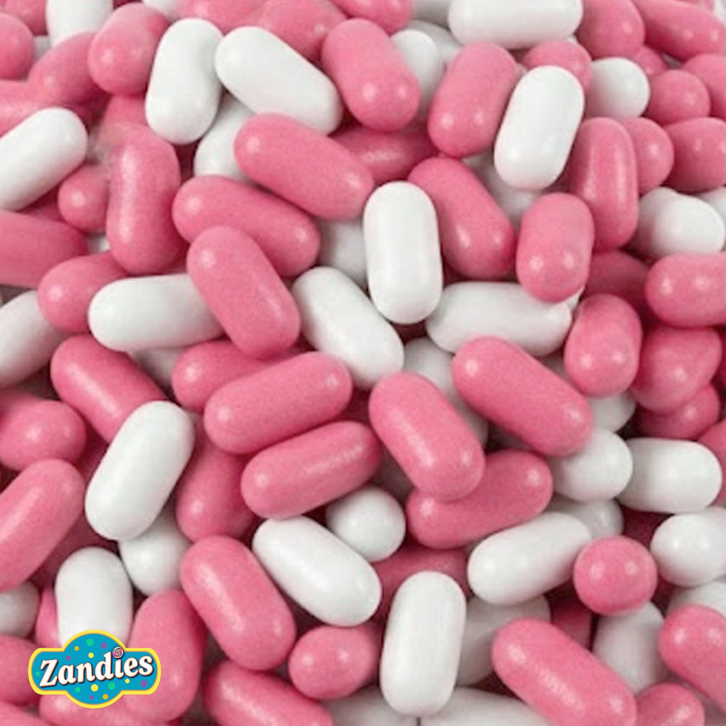 Pink and white Good n' Plenty with Zandies logo.