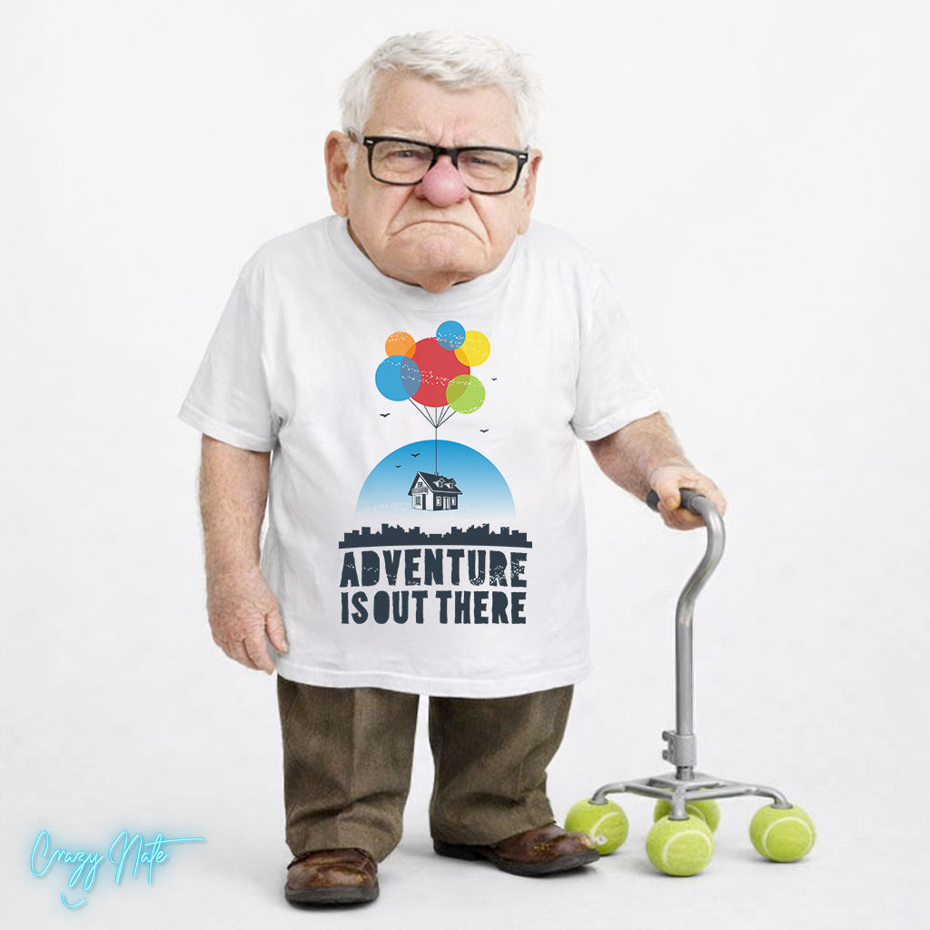 Person wearing a t-shirt with 'Adventure is Out There' design and holding a walker with tennis balls.