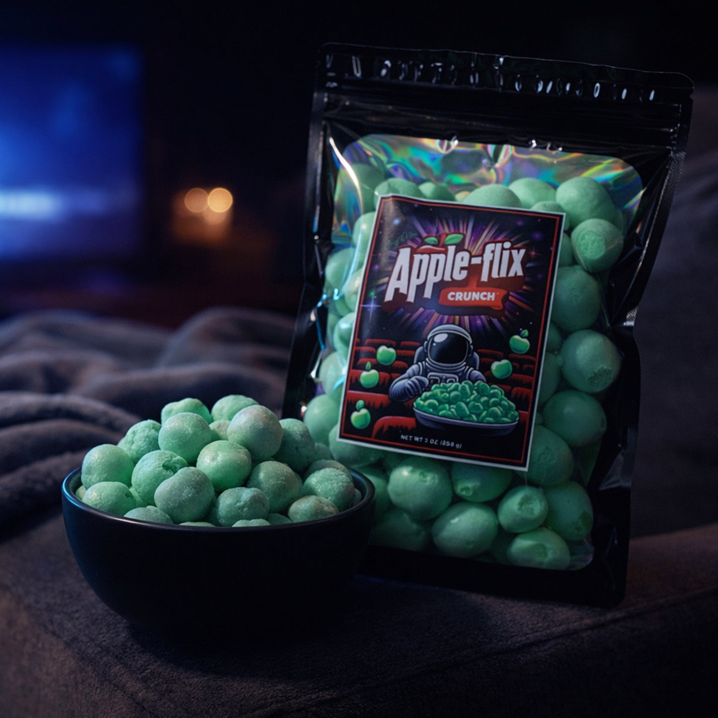 A bag of apple-flix crunch sitting on the couch next to a bowl of the candy with the lights dim for a movie night.