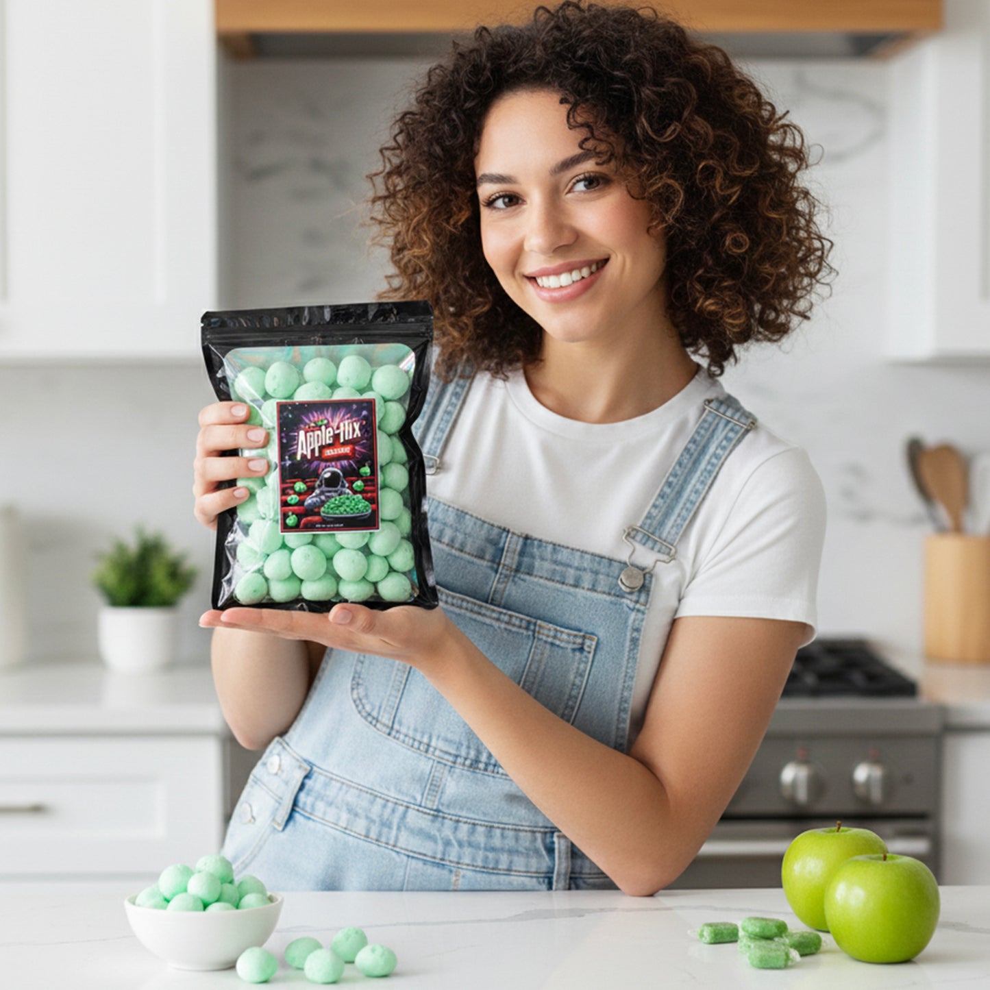 Woman holding a package of green Apple-flix crunch in a kitchen setting