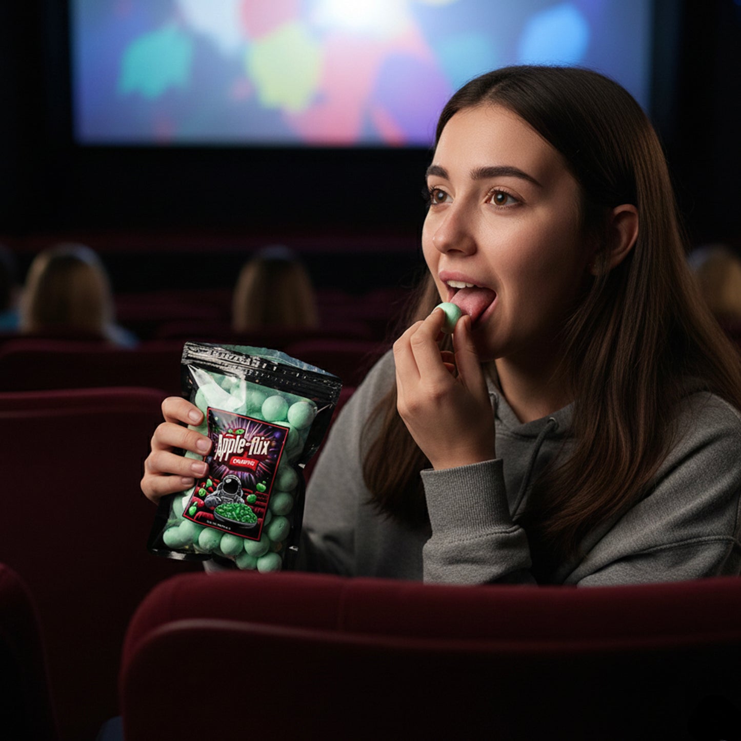 Woman in a movie theater eating Apple-flix crunch candy and holding a bag of apple-flix crunch.