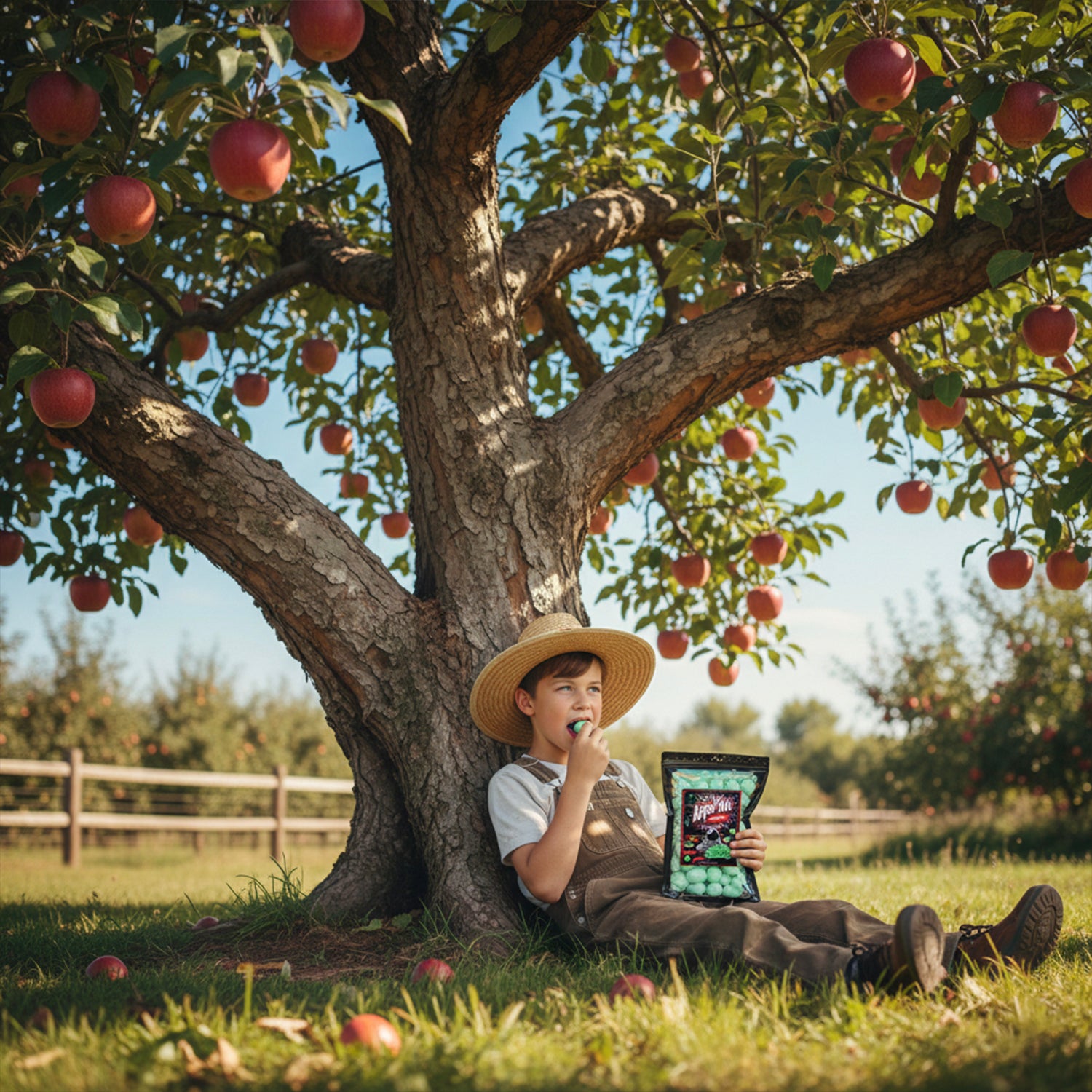 Child sitting under a tree with apples, holding a package of candy.