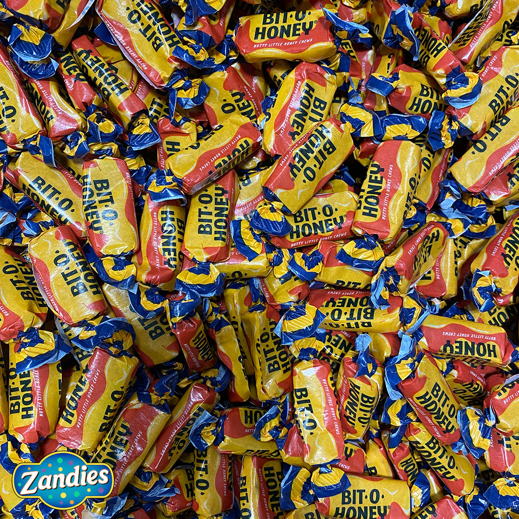 Large pile of Bit-O-Honey with Zandies logo in the corner