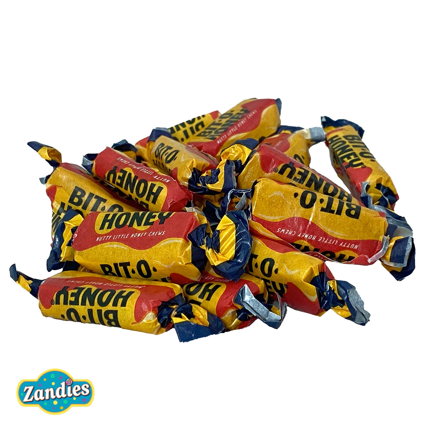 Pile of Zandies honeycomb candy wrappers on a white background