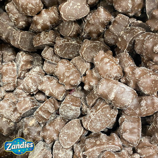 Close-up of Zandies chocolate-covered Cinnamon Gummy Bears with a visible brand logo of Zandies.