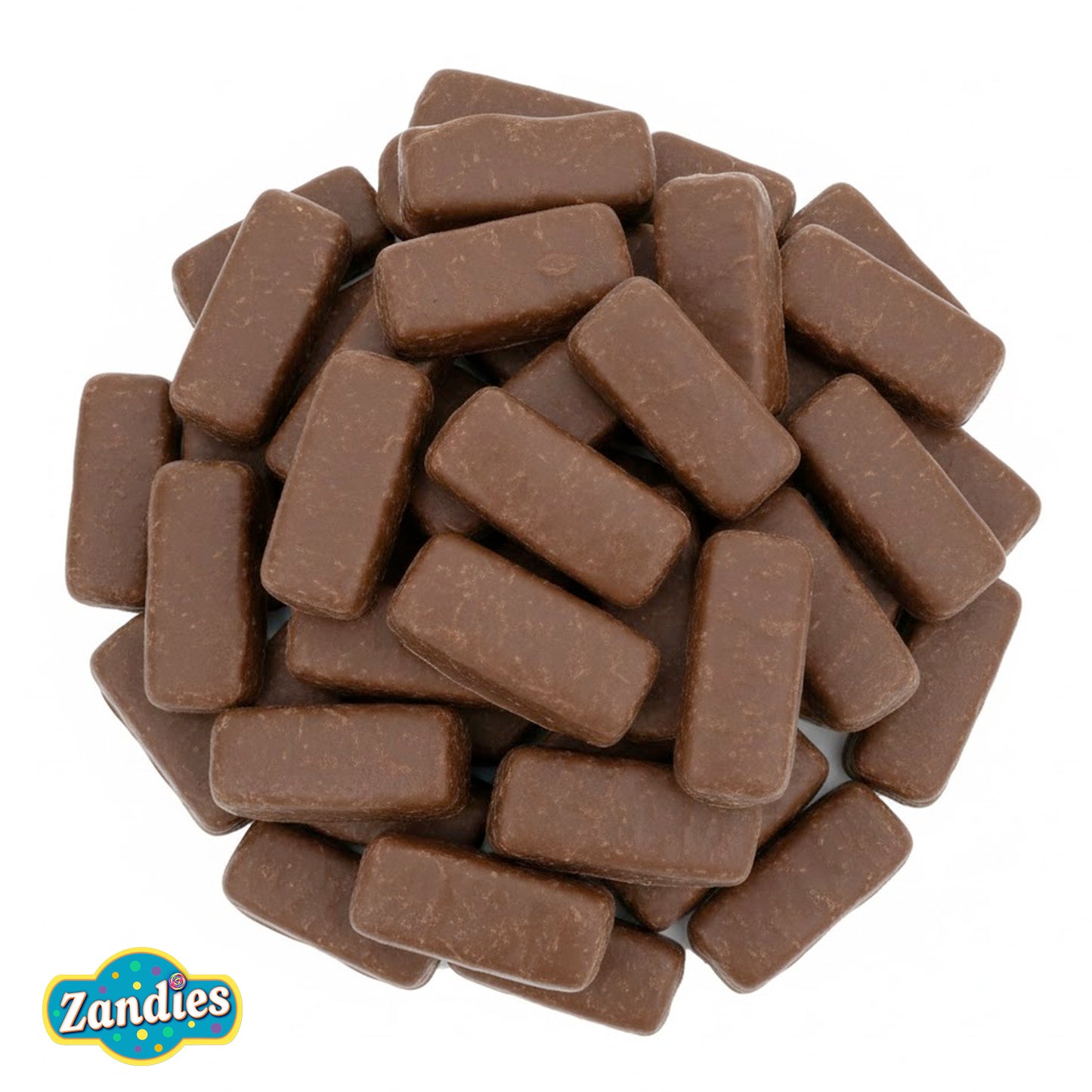 Pile of chocolate candy bars with Zandies logo on a white background
