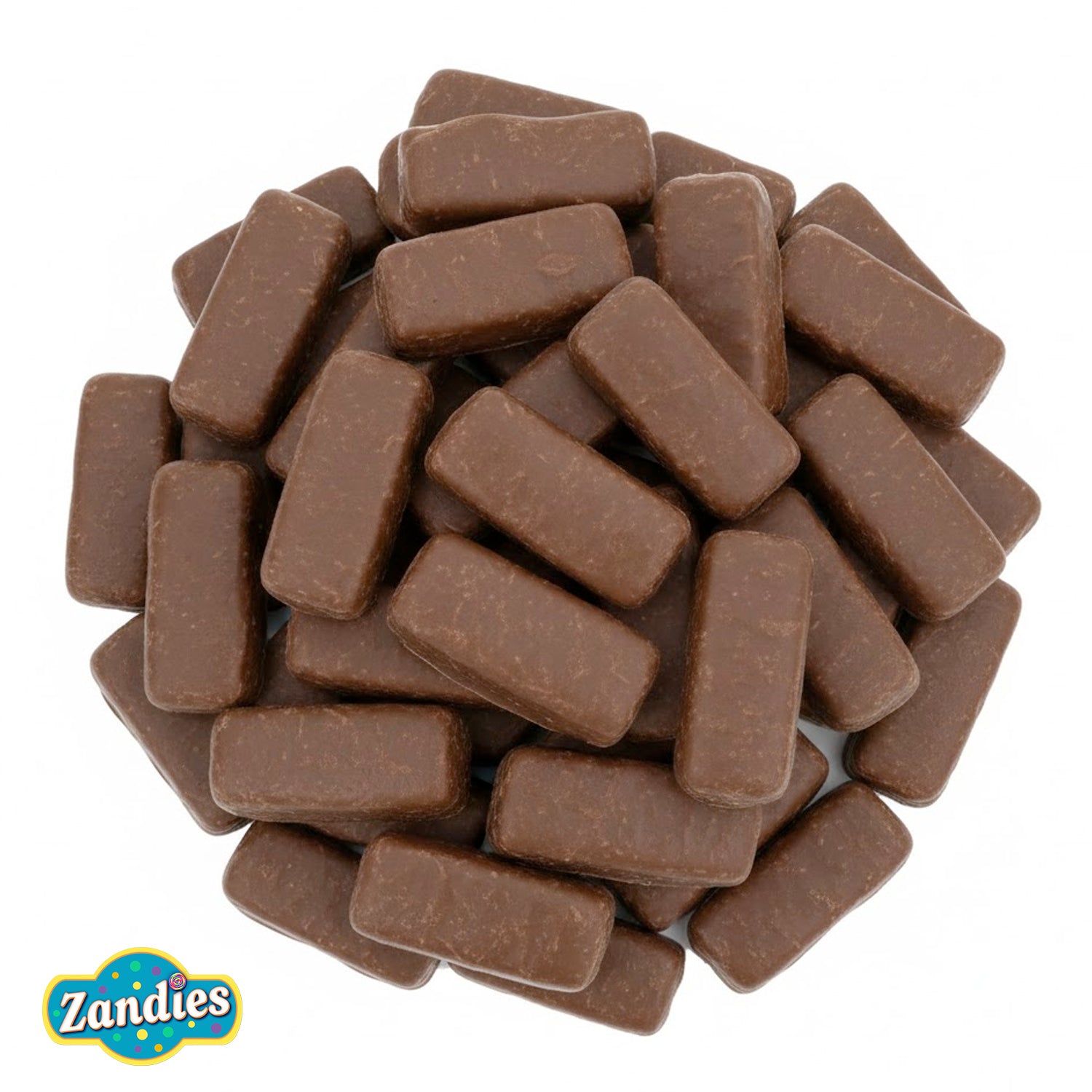 Pile of chocolate candy bars with Zandies logo on a white background