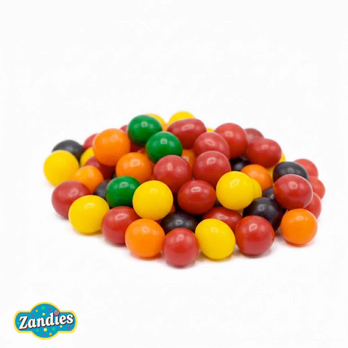 Colorful hard candies in a pile with Zandies logo at the bottom.