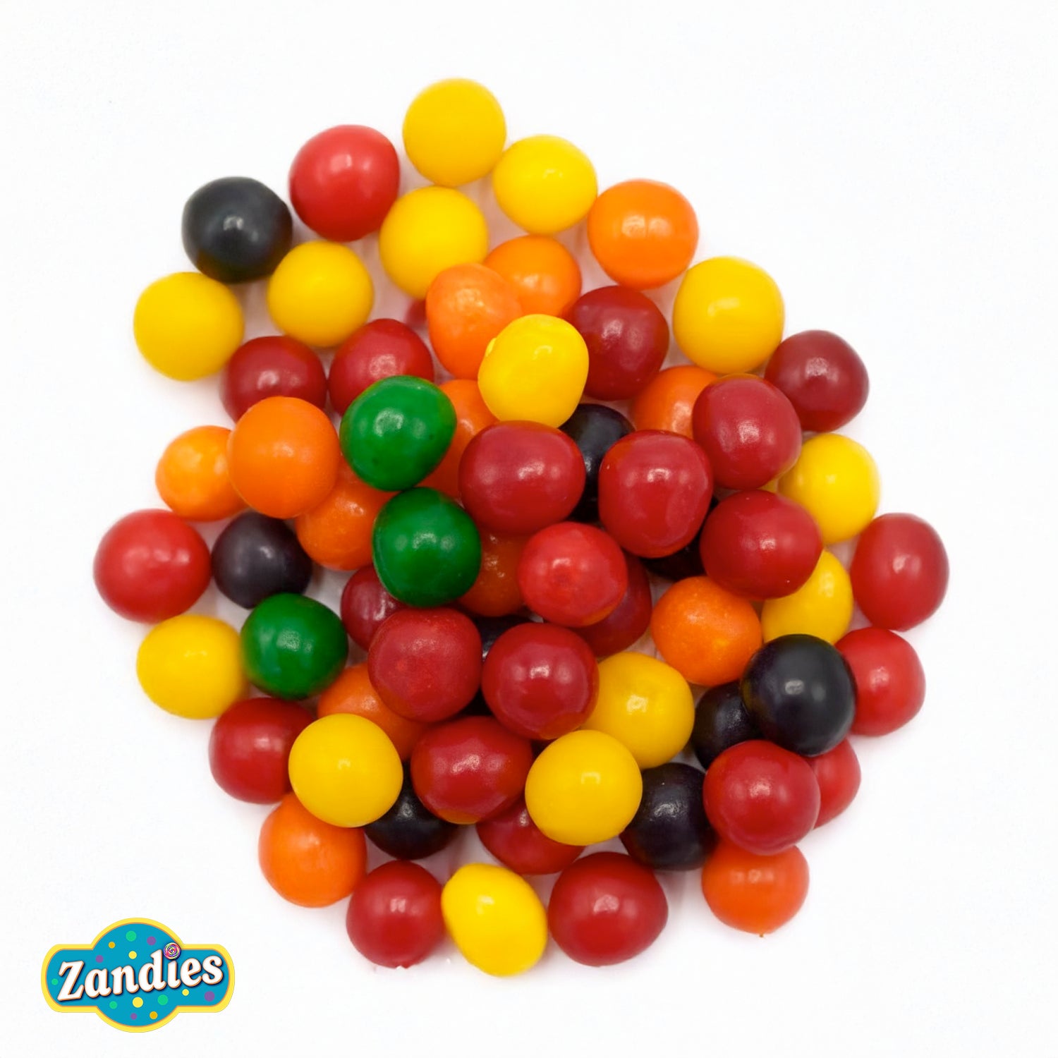 Colorful sour candy balls in a pile with Zandies logo on a white background