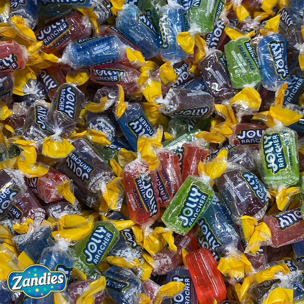 Group of Jolly Ranchers in multiple flavors, Zandies logo in the corner.
