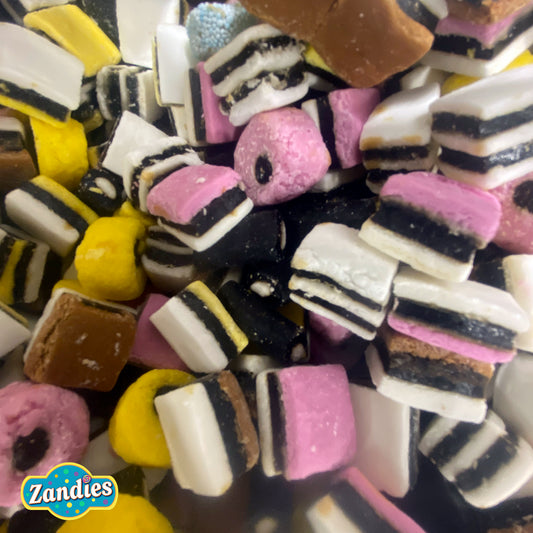 Assorted colorful Licorice Assorted with Zandies logo in the corner