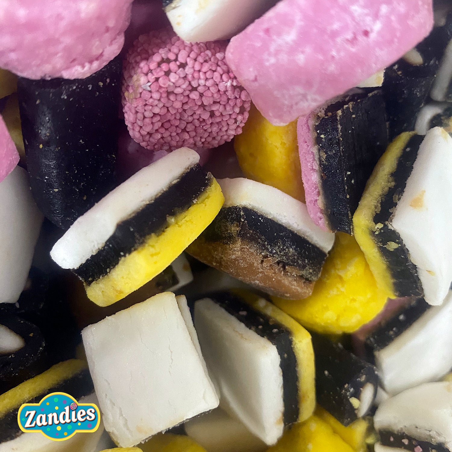 Close-up of colorful Assorted Licorice with Zandie, bulk deal.