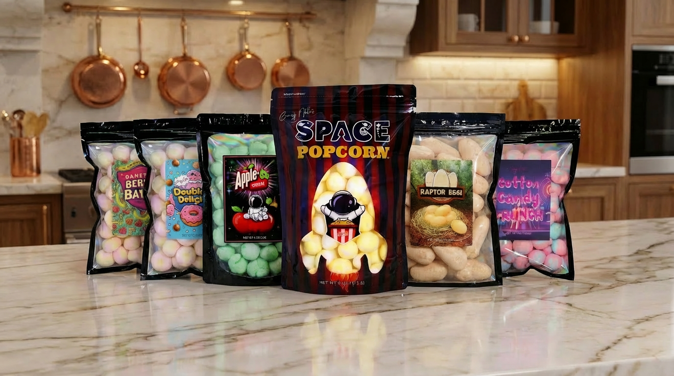 Assorted candy packages on a kitchen counter with a space-themed design.