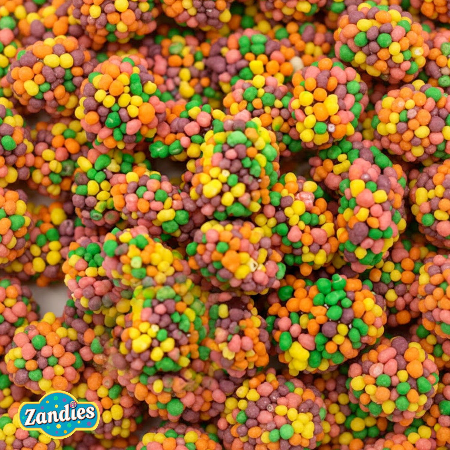 Colorful candy balls with Zandies logo in the corner