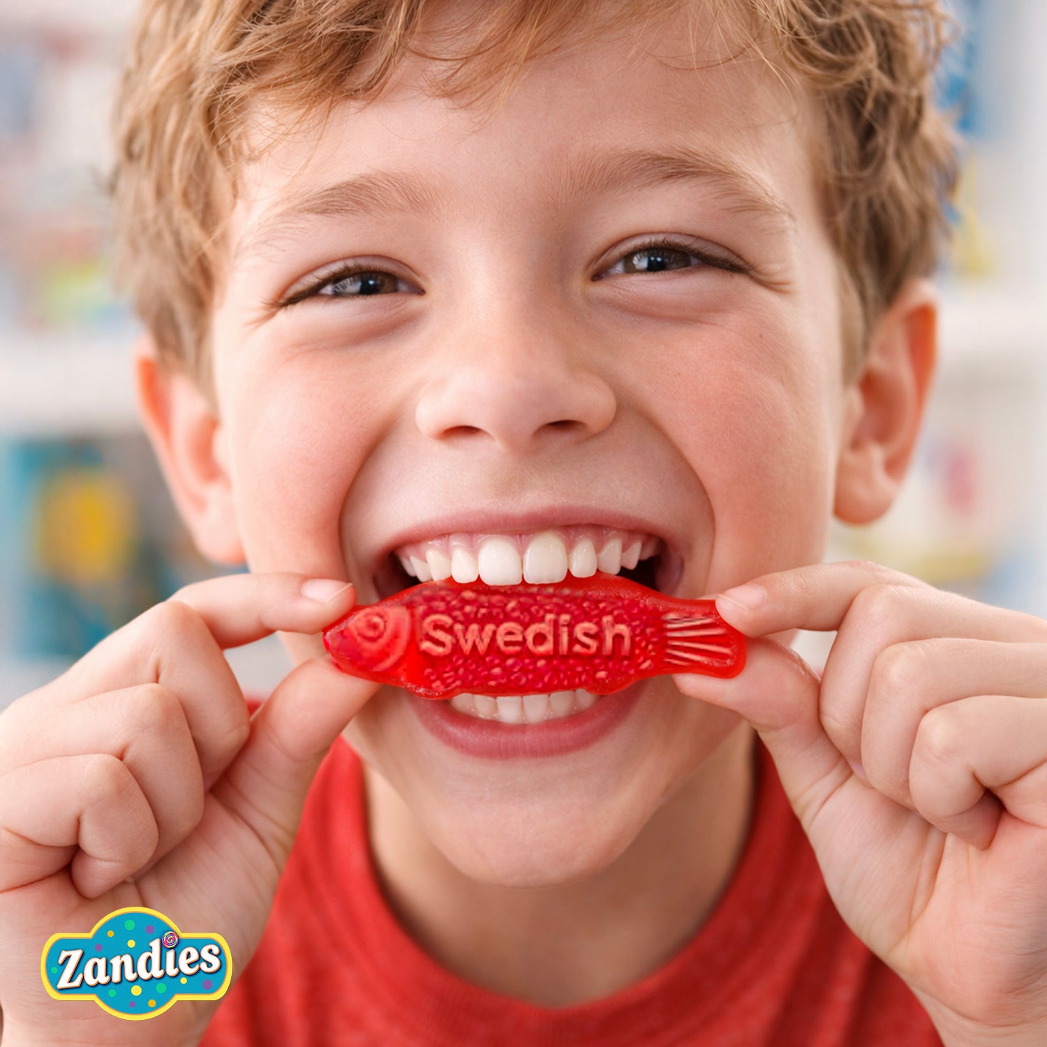 Smiling child biting a red Swedish Fish gummy candy with Zandies logo in corner