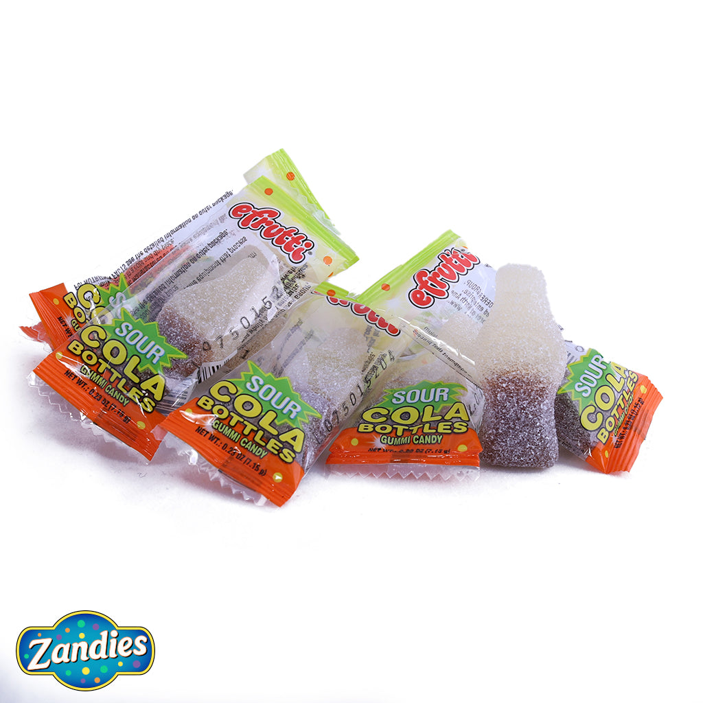 Close up of Sour Cola Bottles gummi candy individually wrapped. Zandies logo in the corner.