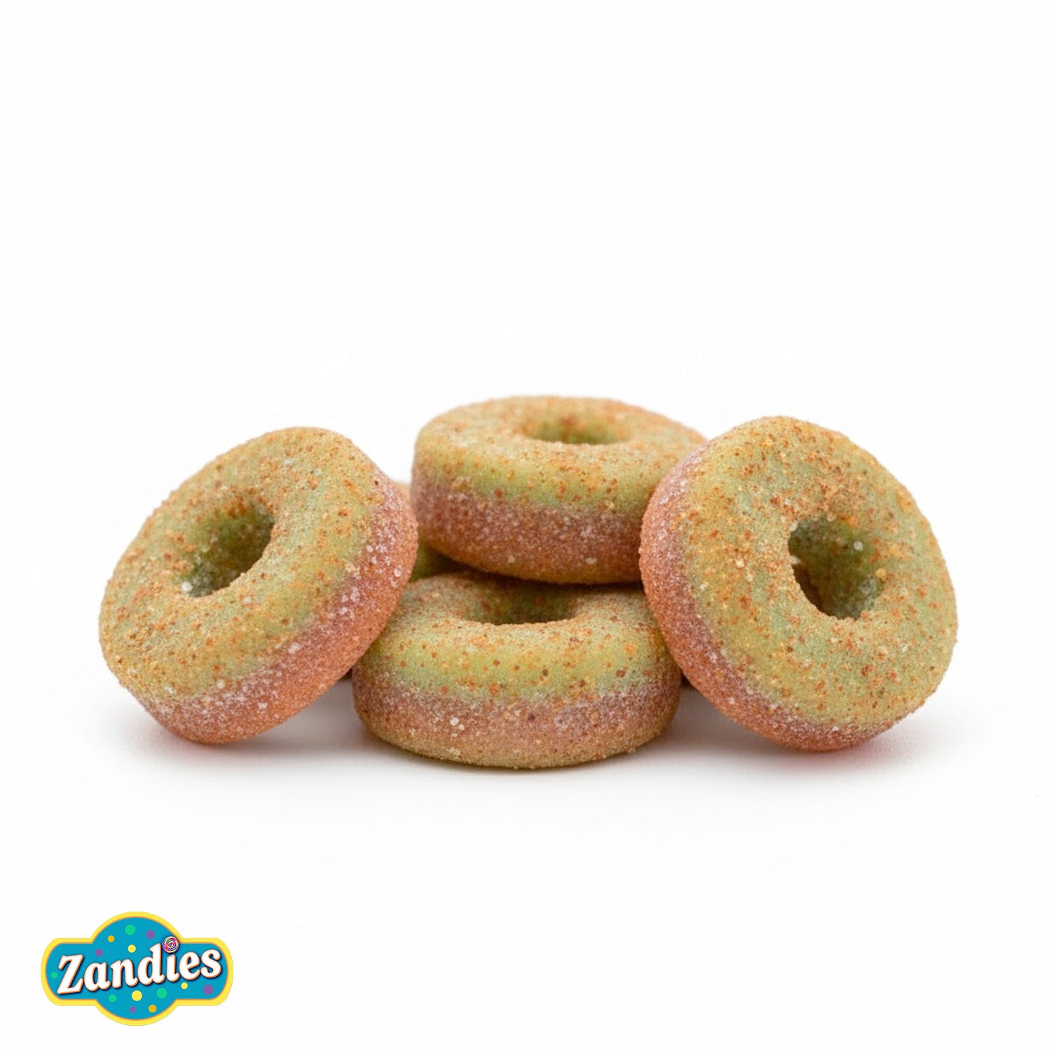 Four donut-shaped treats with a speckled pattern on a white background, featuring the Zandies brand logo.
