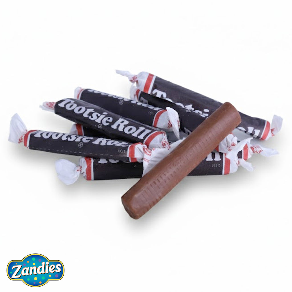 Tootsie Roll candy sticks in a wrapper and unwrapped, with Zandies logo on a white background