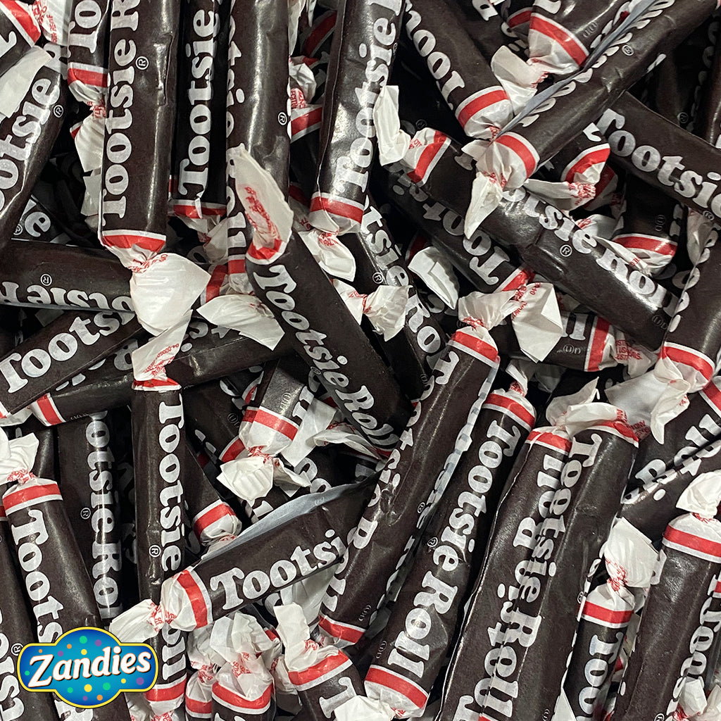 Close-up of Tootsie Roll candies in wrappers with Zandies branding.