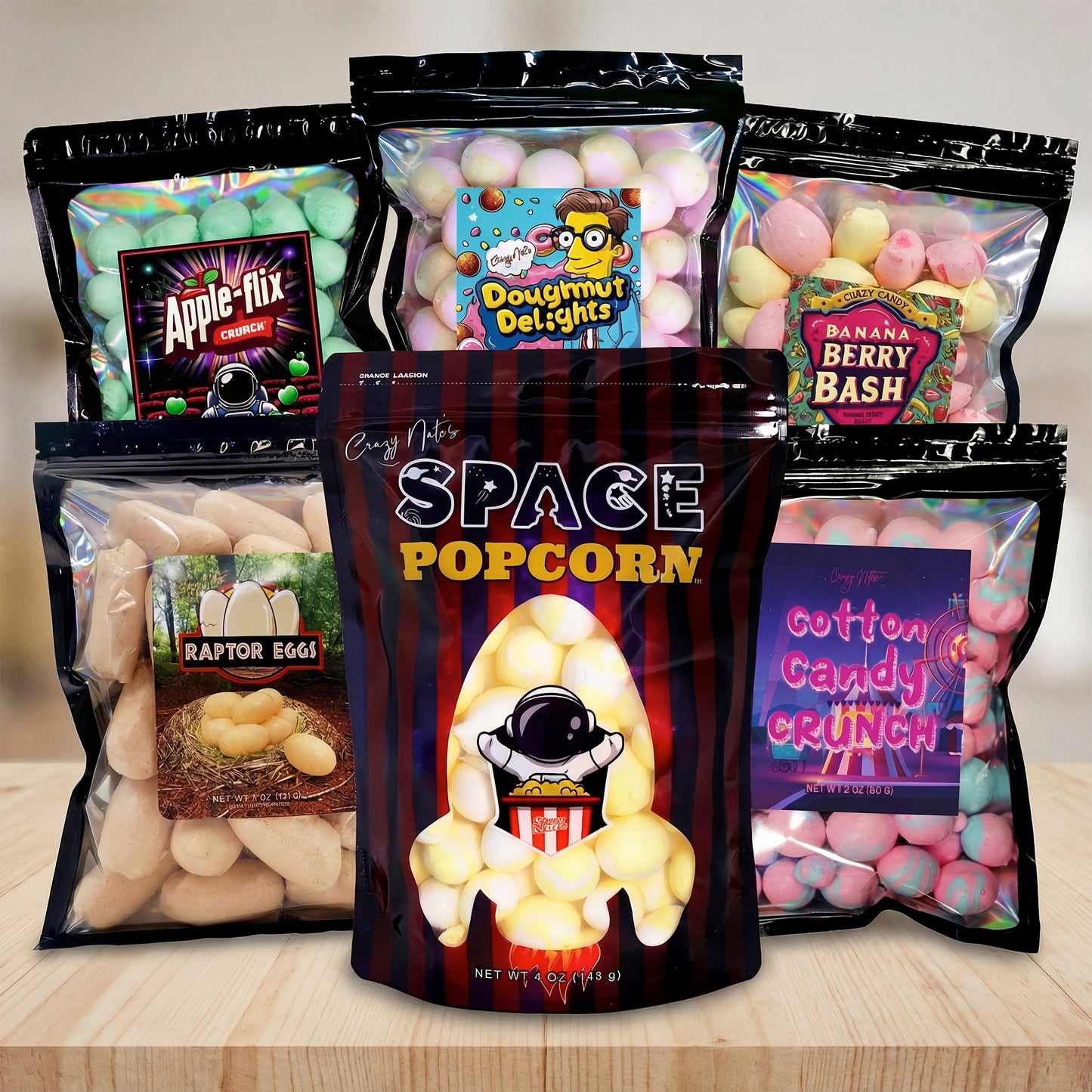Assorted snack packages including 'Space Popcorn', 'Cotton Candy Crunch', and others on a wooden surface.