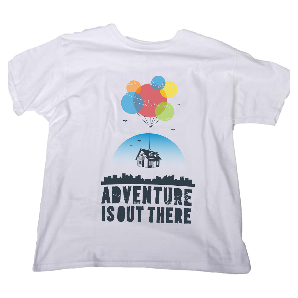 White t-shirt with colorful balloons and a house graphic, featuring the text 'Adventure is Out There'.