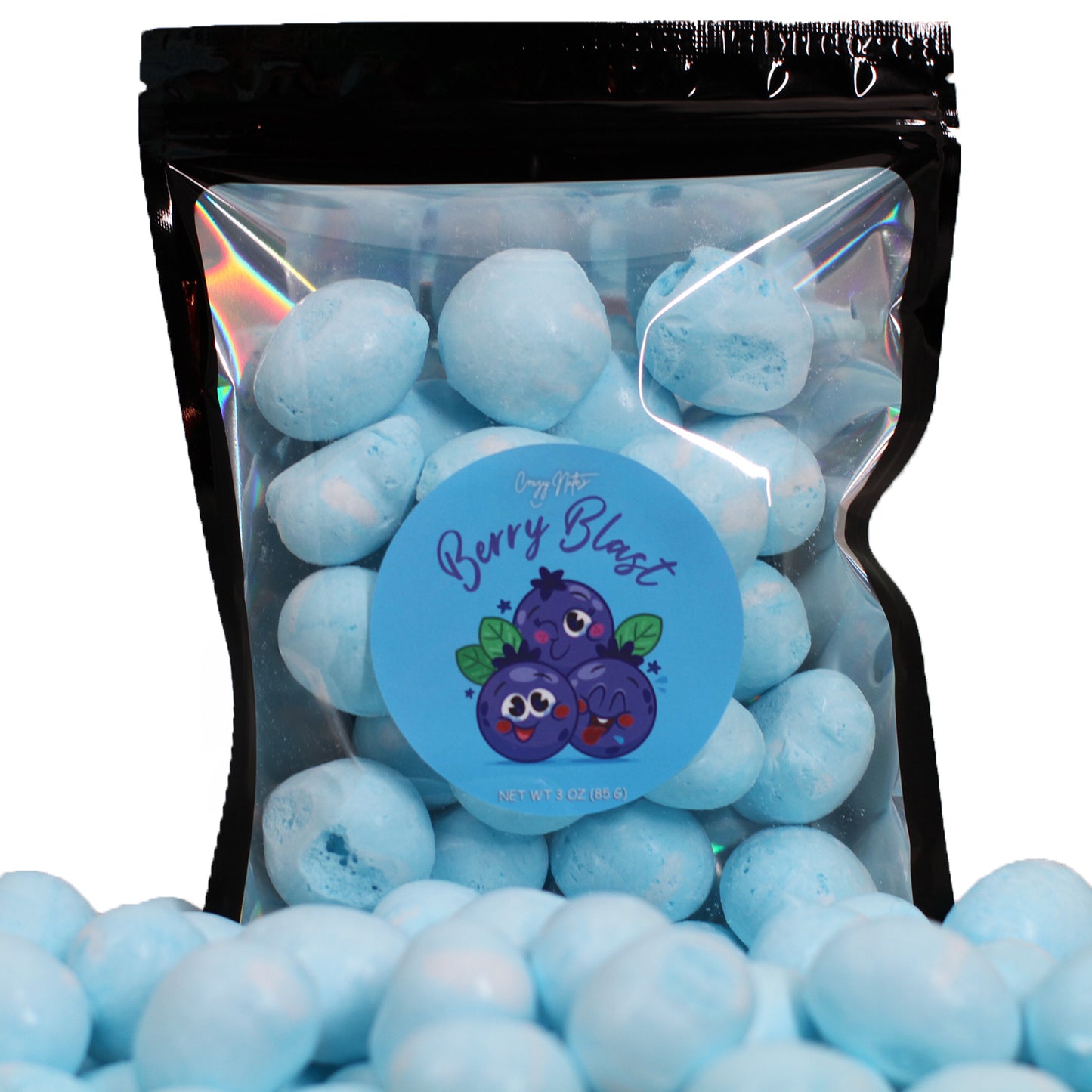 Bag of Berry Blast 3 ounce black bag with clear window