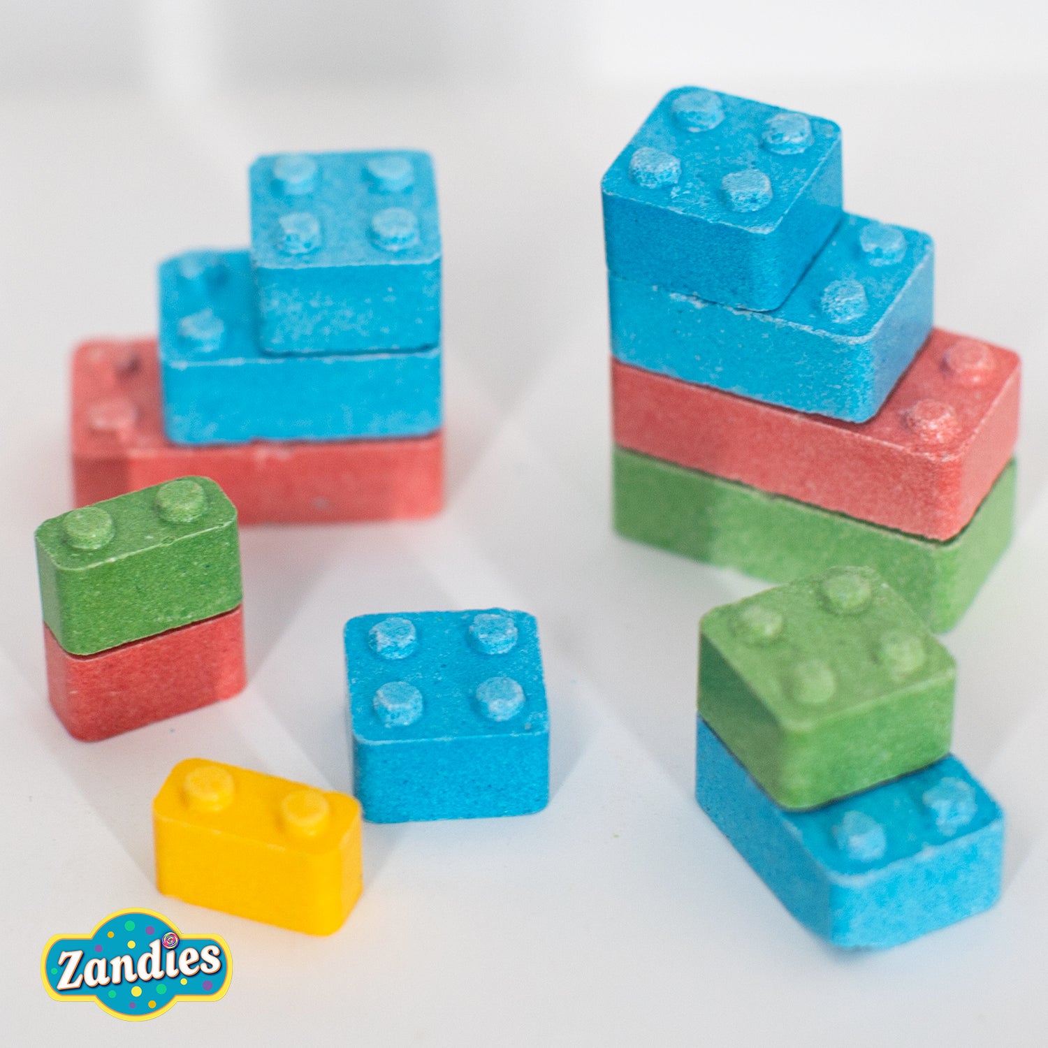 Close-up of assorted Candy Blox hard candy blocks showing different colors and block sizes