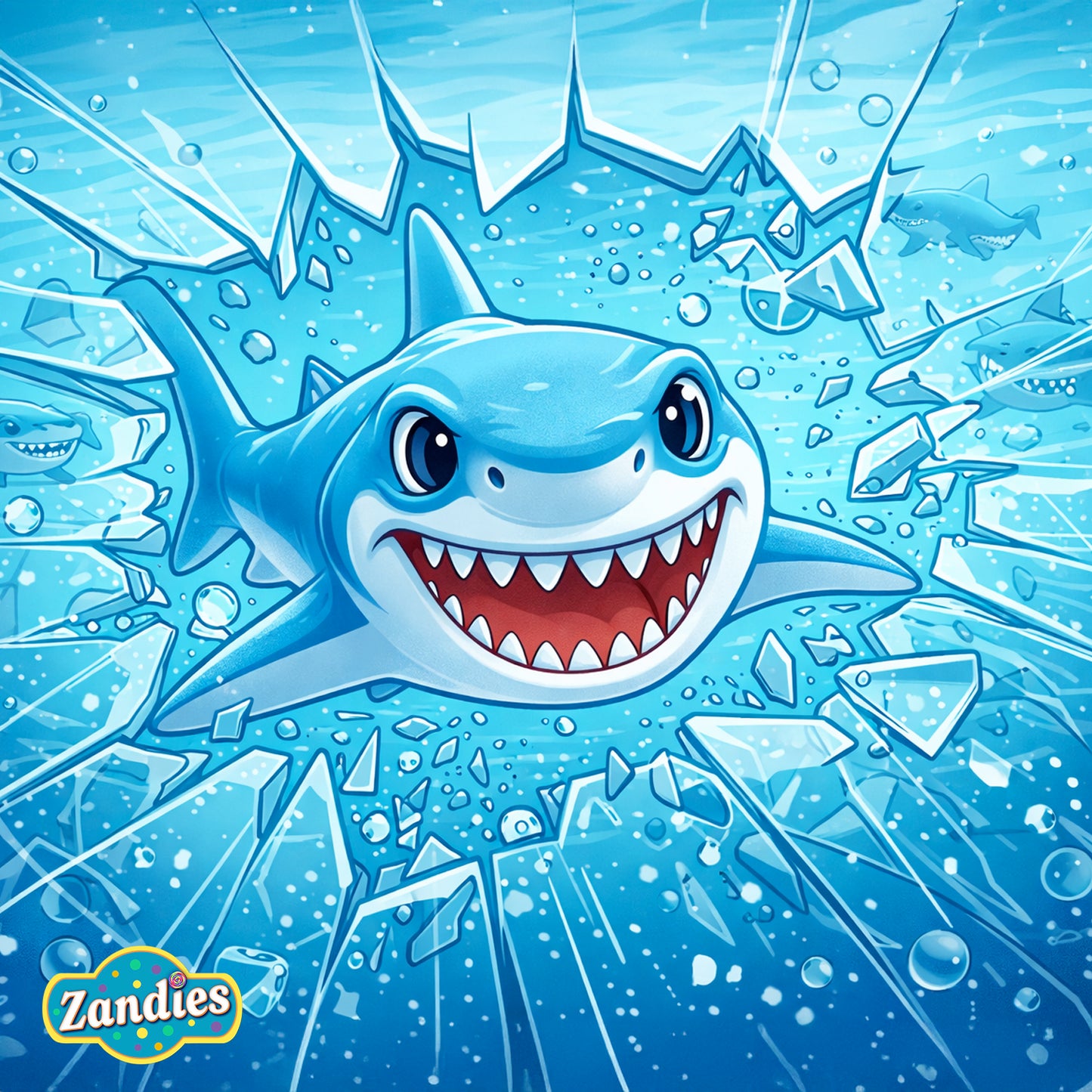 Shark-shaped gummy candy with blue top and white belly