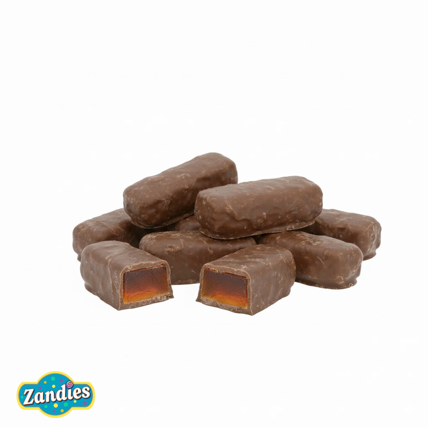 Close-up of chocolate orange sticks with orange jelly center and smooth chocolate coating