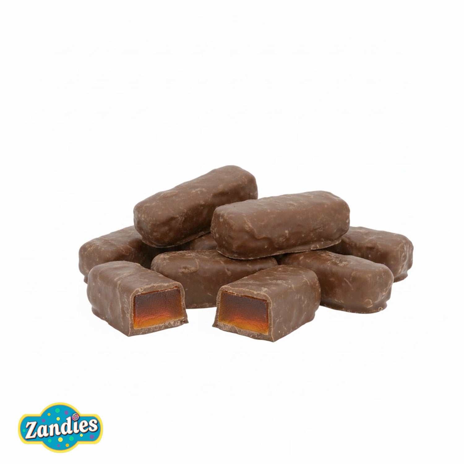 Close-up of chocolate orange sticks with orange jelly center and smooth chocolate coating
