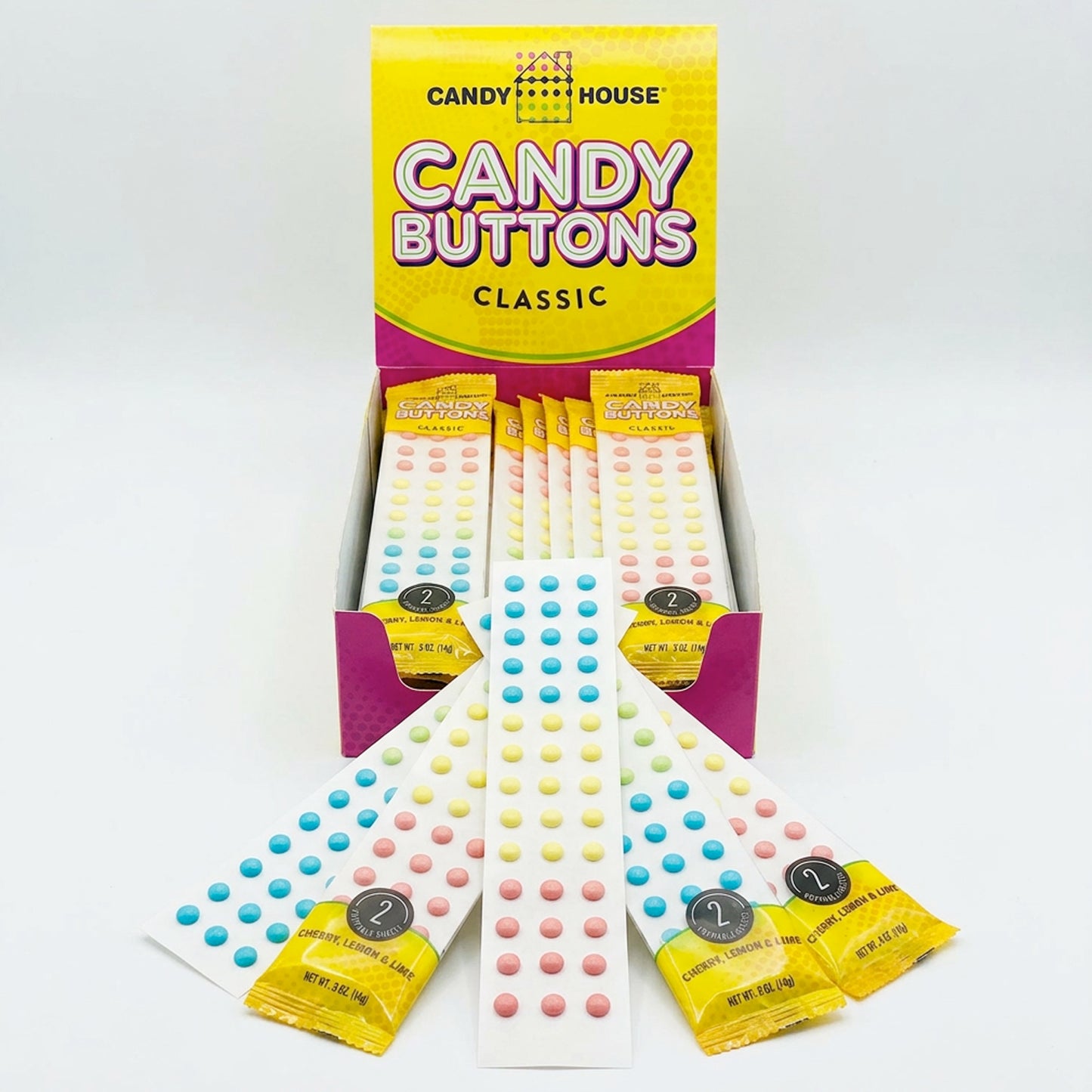 bulk display of candy buttons classic by candy house. some in package and some out of package. 