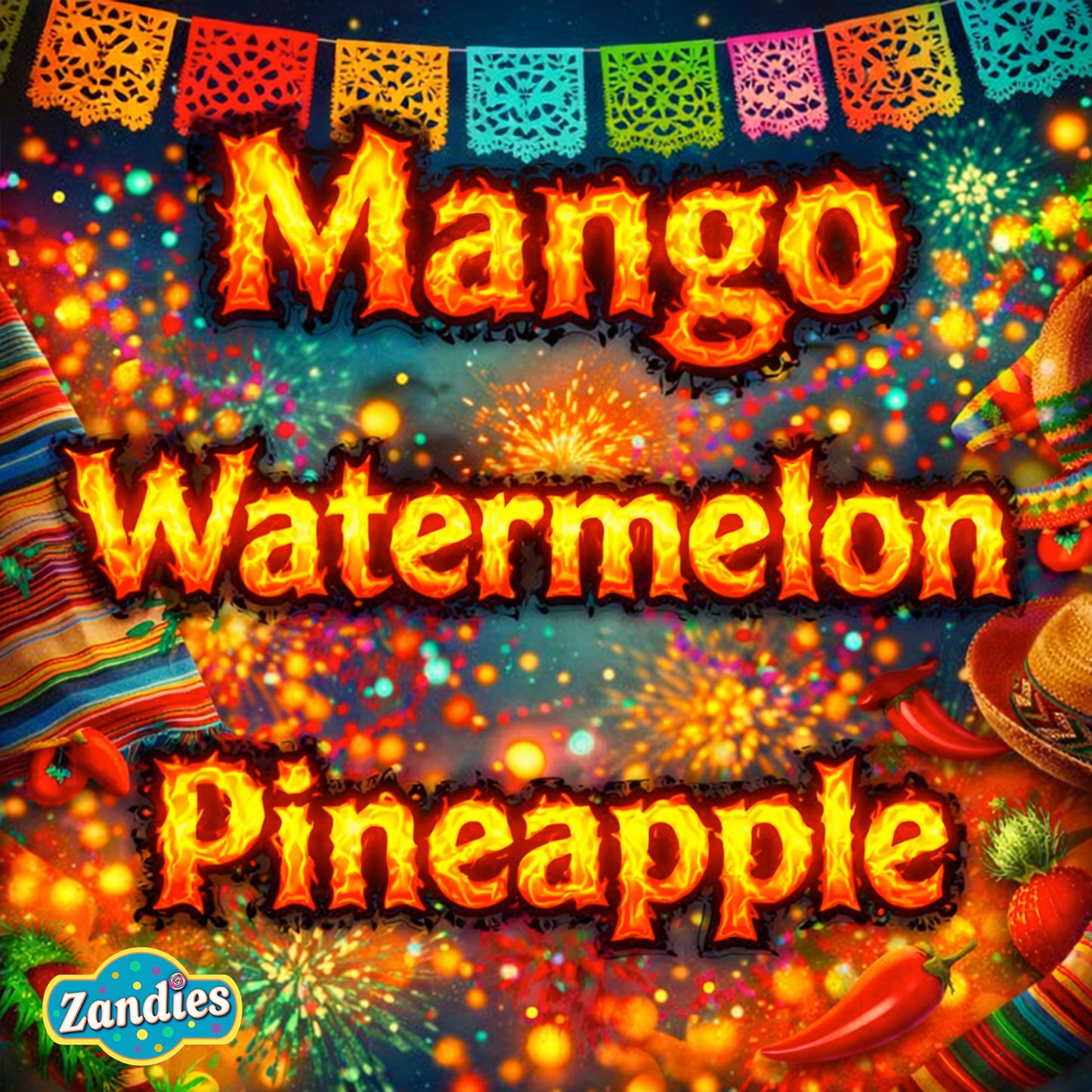 Colorful text 'Mango Watermelon Pineapple' with Zandies branding on a festive background.