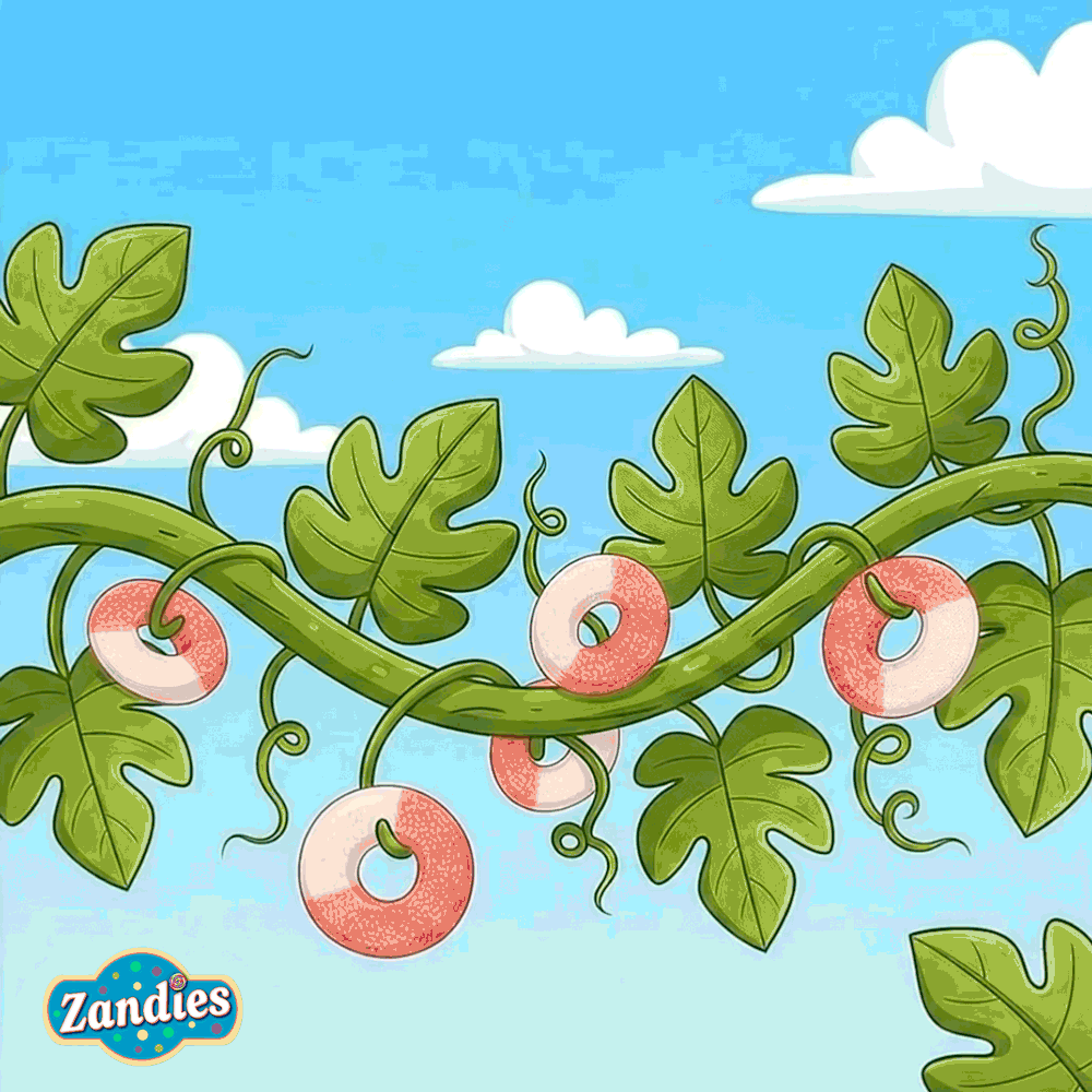 Animated gummi watermelon rings growing on a vine in a playful candy loop