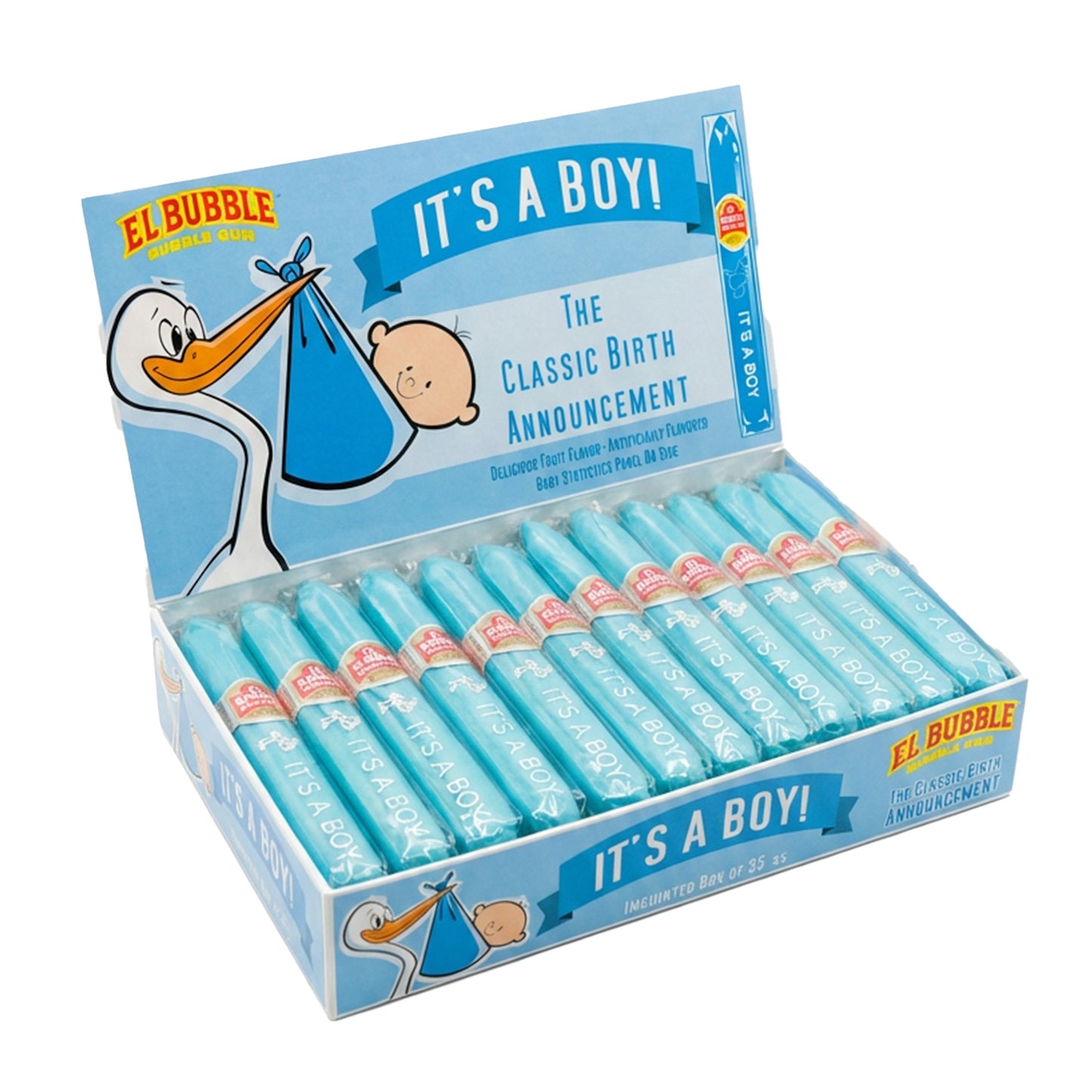 It's a boy box of blue bubble gum cigars. 