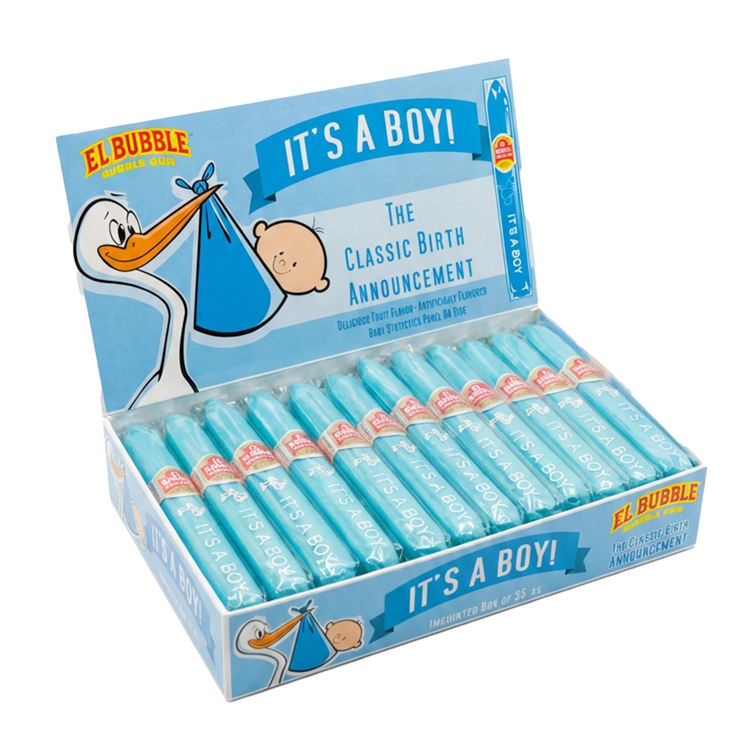 It's a boy box of blue bubble gum cigars. 