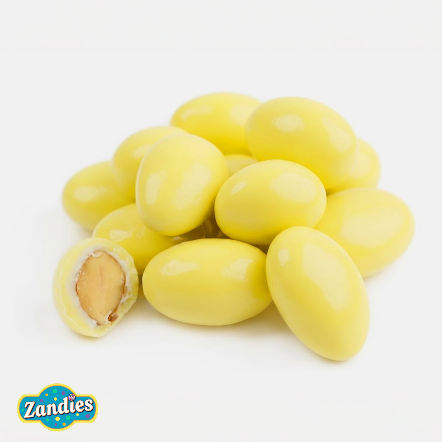 Close-up of Lemoncello almonds showing white chocolate and lemon crème coating