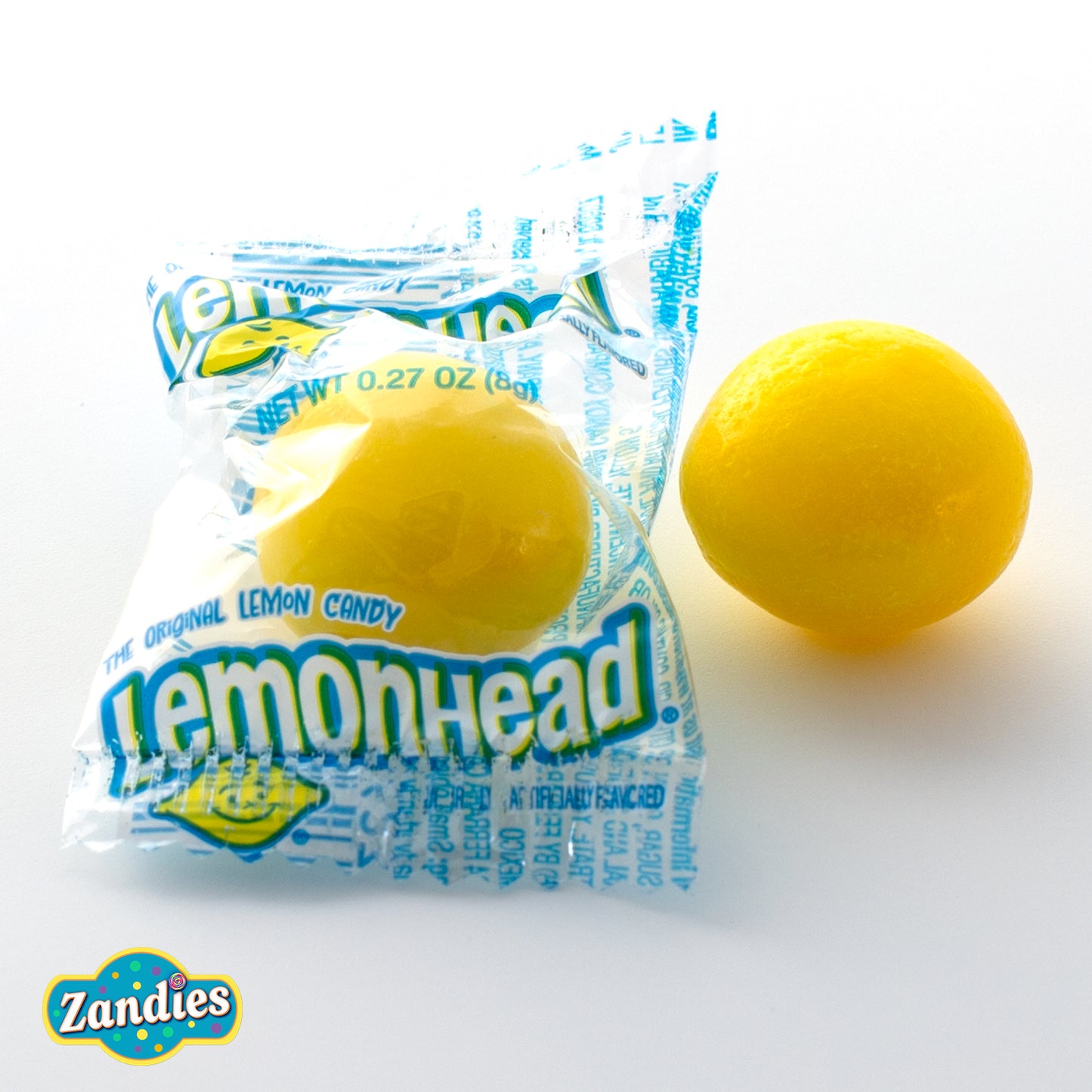 Zandies Lemonhead candy package with a lemon on a white background