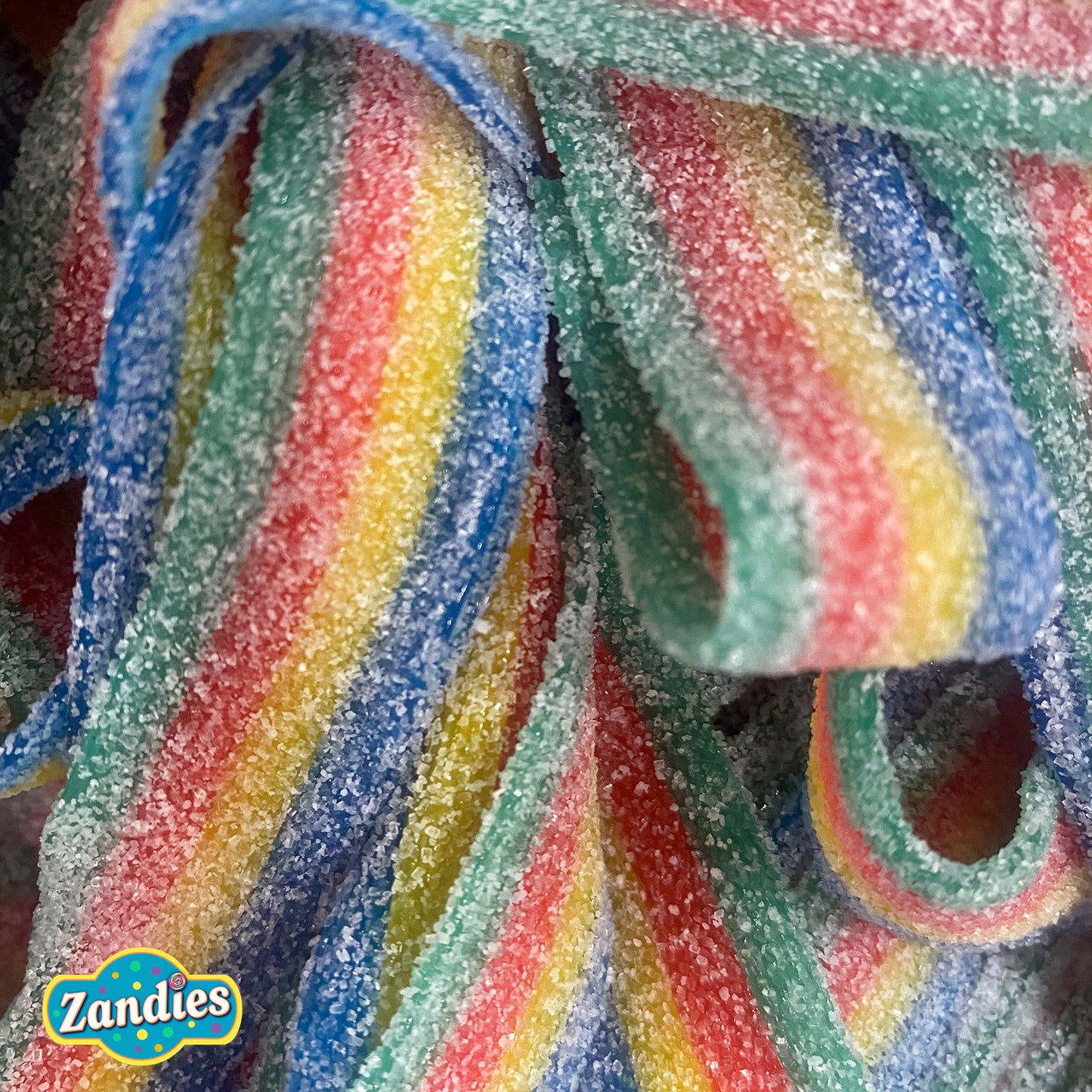 Colorful striped candy with a Zandies logo in the corner