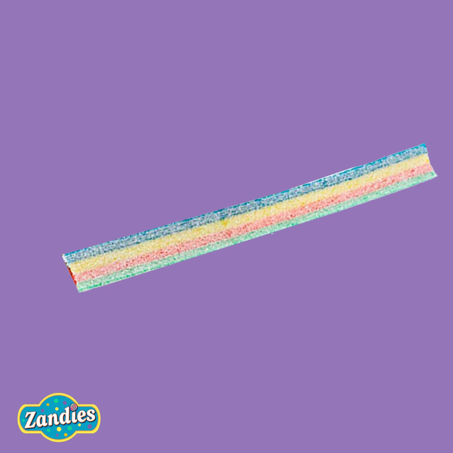 Colorful candy strip with Zandies logo on a purple background