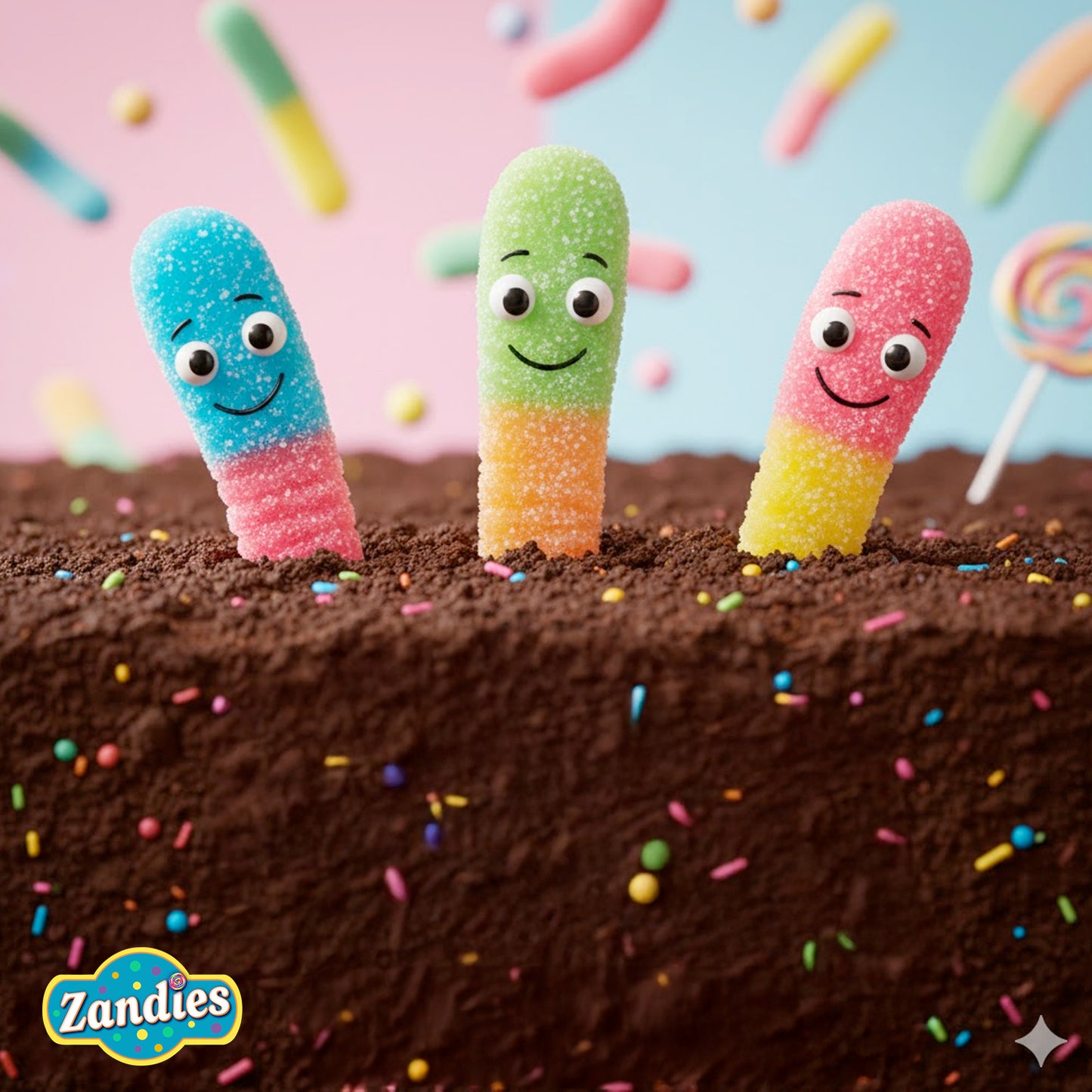 Colorfulsour gummy worms with faces on a chocolate surface with sprinkles, Zandies logo visible