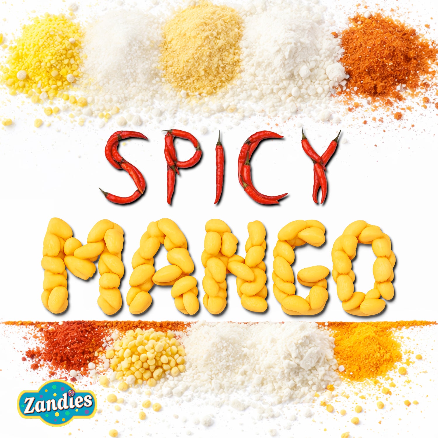 Spicy mango gummy candy ingredients with chili powder blend
