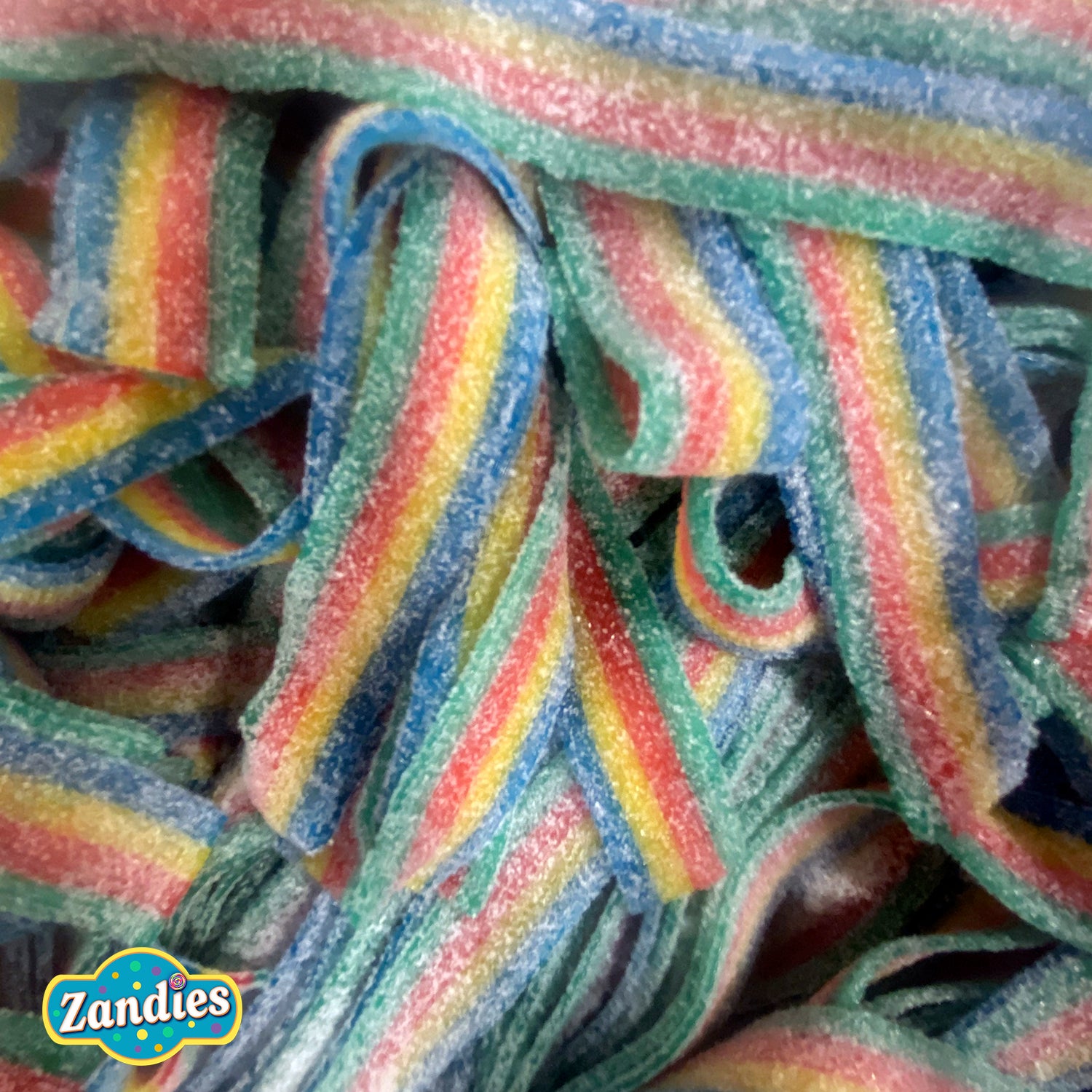 Close-up of colorful Sour Belts Striped with Zandies logo.