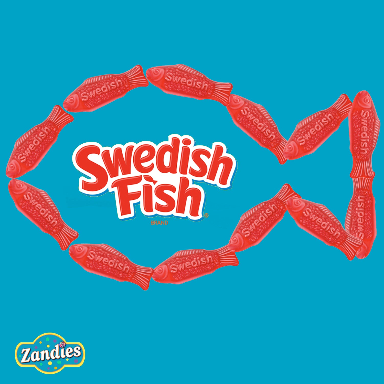 Swedish Fish candy logo surrounded by red gummy fish arranged in the shape of a fish