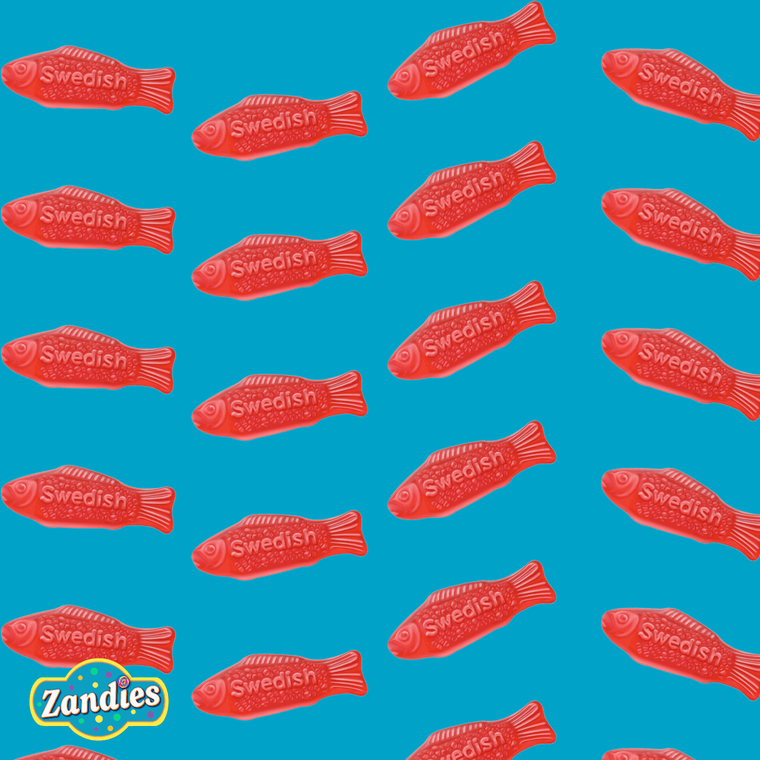 Seamless pattern of red Swedish Fish gummies on bright blue background with Zandies logo