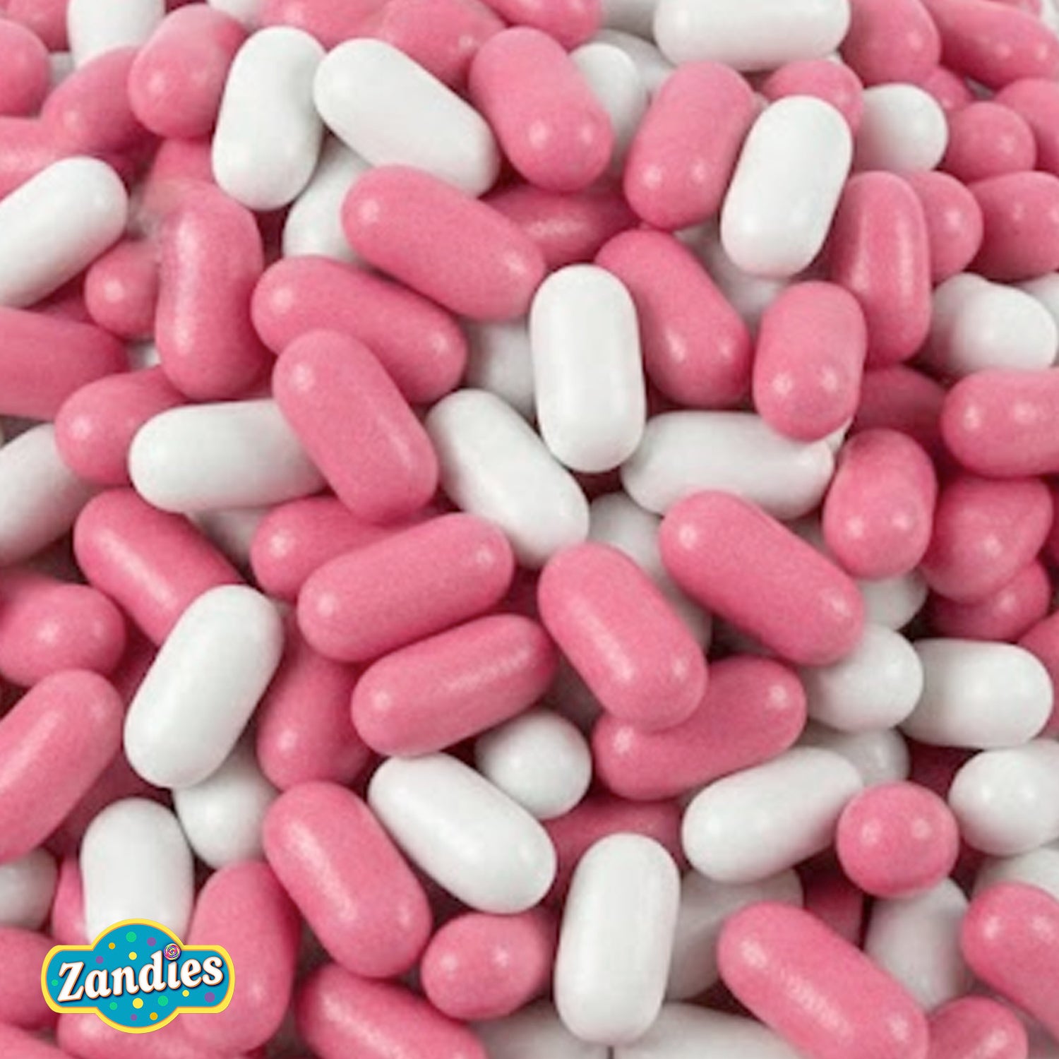 Pink and white Good n' Plenty with Zandies logo.