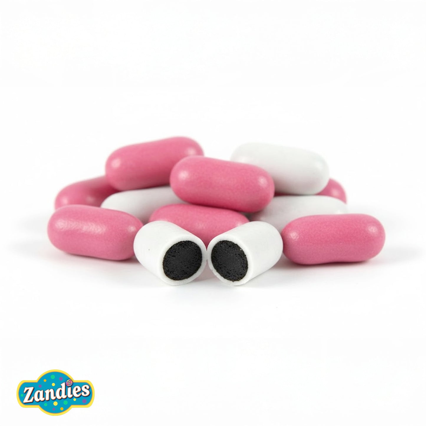 Pink and white candy with black centers on a white background, featuring the Zandies brand logo.
